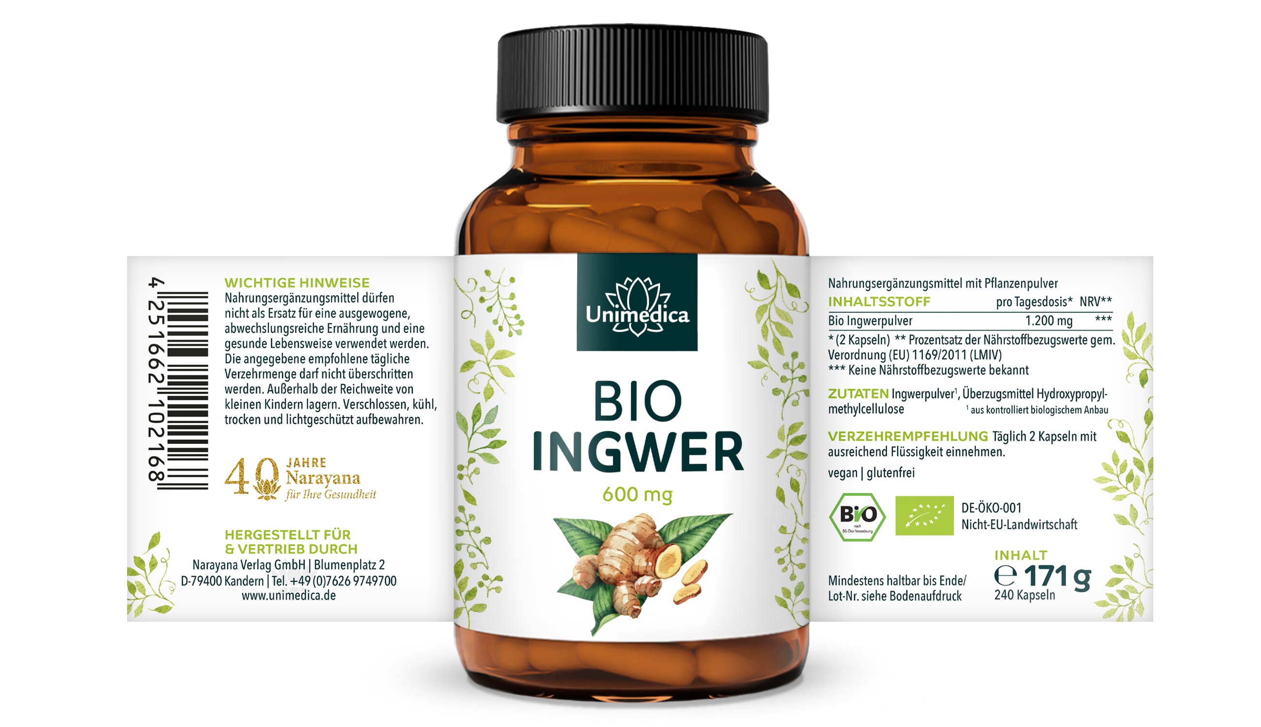 Bio Ingwer - 1200 mg pro Tagesdosis (2 Kapseln) - 240 Kapseln - von Unimedica