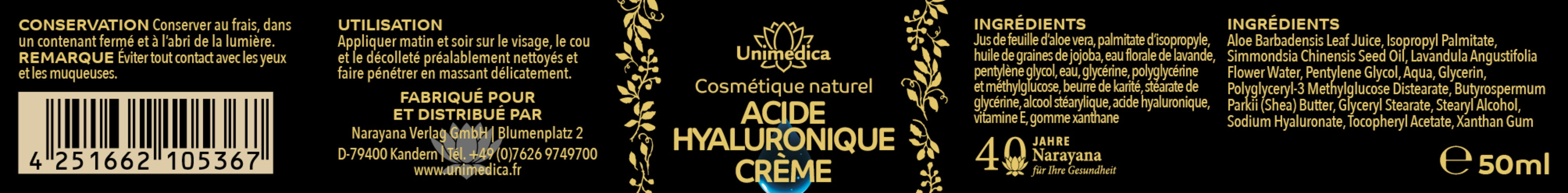 Crème à l'acide hyaluronique - au jus de feuilles d'aloe vera, à l'acide hyaluronique et à la lavande - 50 ml - par Unimedica