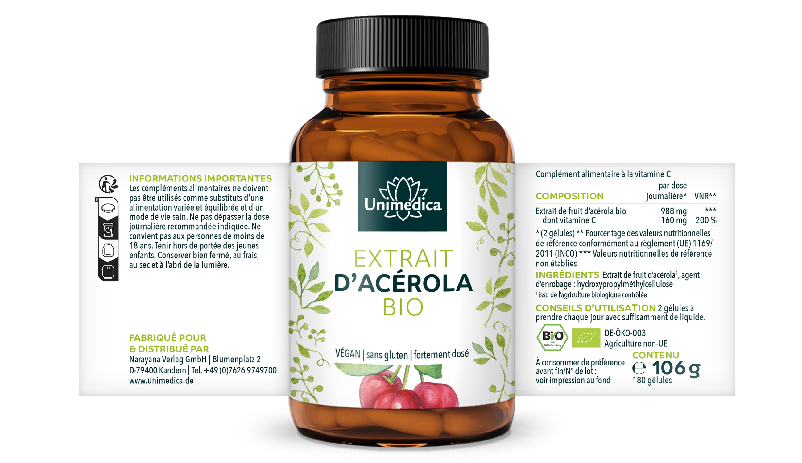 Extrait d'acérola bio - 180 gélules - 988 mg par dose journalière - Unimedica