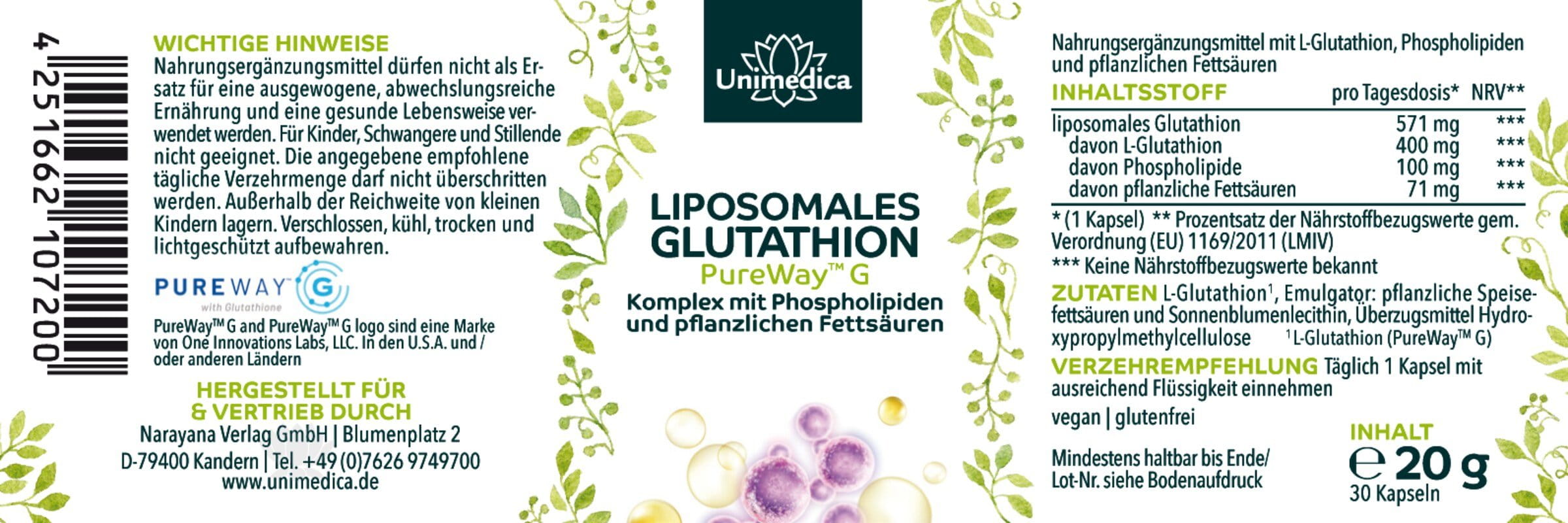 Liposomales Glutathion - PureWay-G™ - 400 mg L-Glutathion pro Tagesdosis (1 Kapsel) - 30 Kapseln - von Unimedica