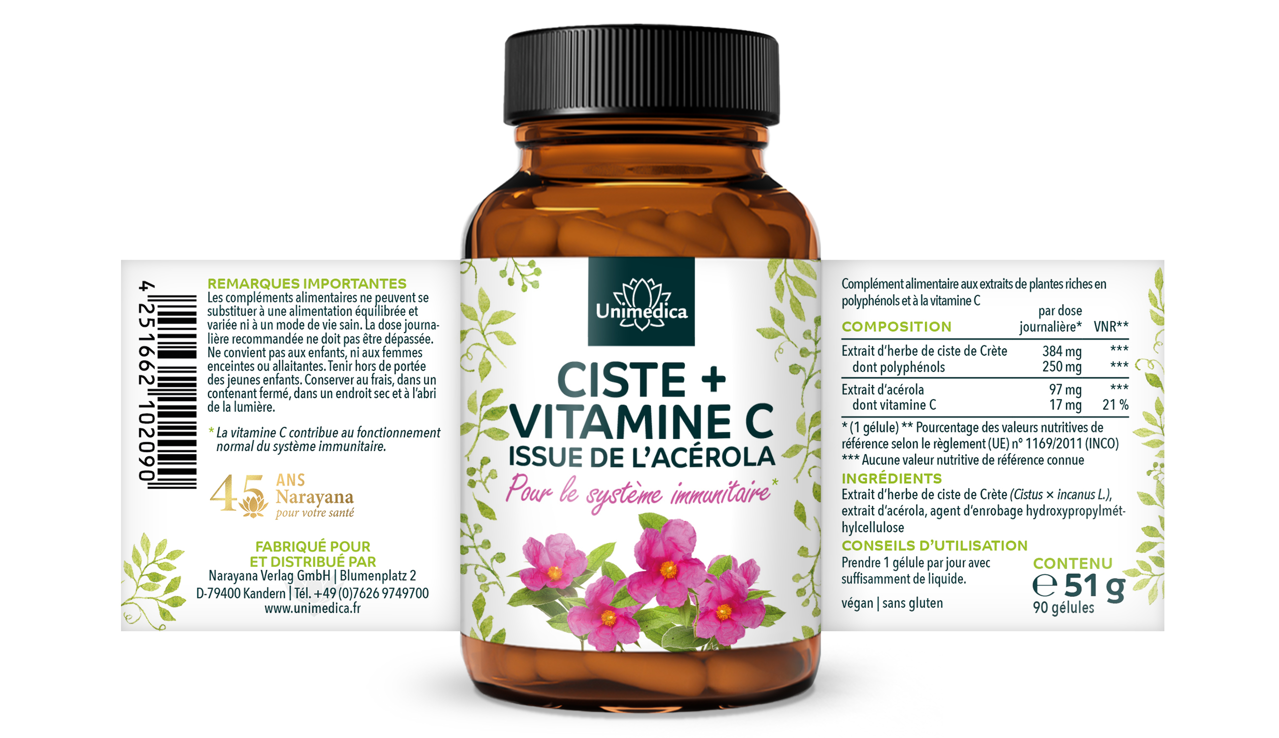 Herbe de ciste avec vitamine C de l'acérola - avec 384 mg d'extrait de ciste par gélule - 90 gélules  par Unimedica