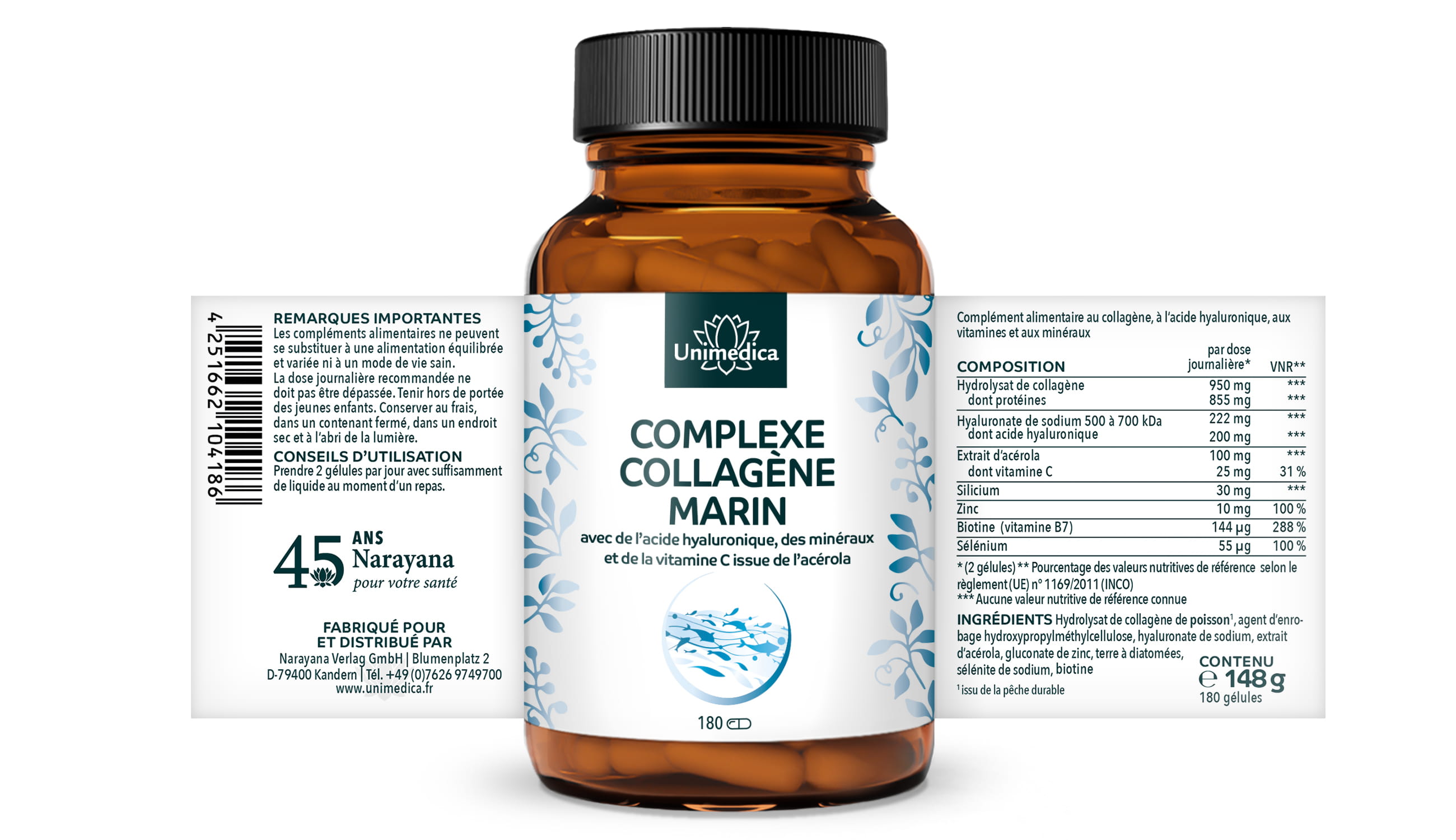 Complexe collagène marin - avec hyaluron, vitamines et minéraux - 180 gélules - par Unimedica