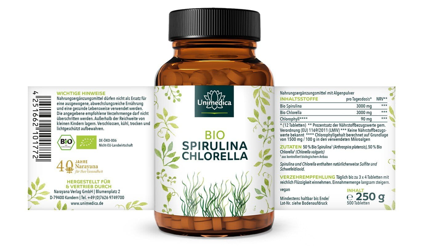2er-Sparset: Bio Spirulina und Bio Chlorella - jeweils 3.000 mg pro Tagesdosis (3 x 4 Tabletten) - im Verhältnis 1 : 1 - 2 x 500 Tabletten - von Unimedica