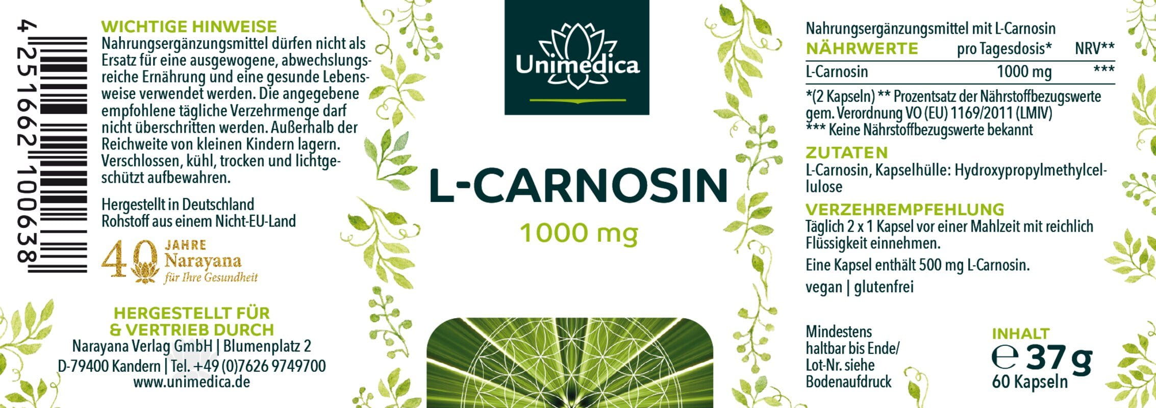 L-Carnosin - 1000 mg pro Tagesdosis (2 Kapseln) - hochdosiert - 60 Kapseln - von Unimedica