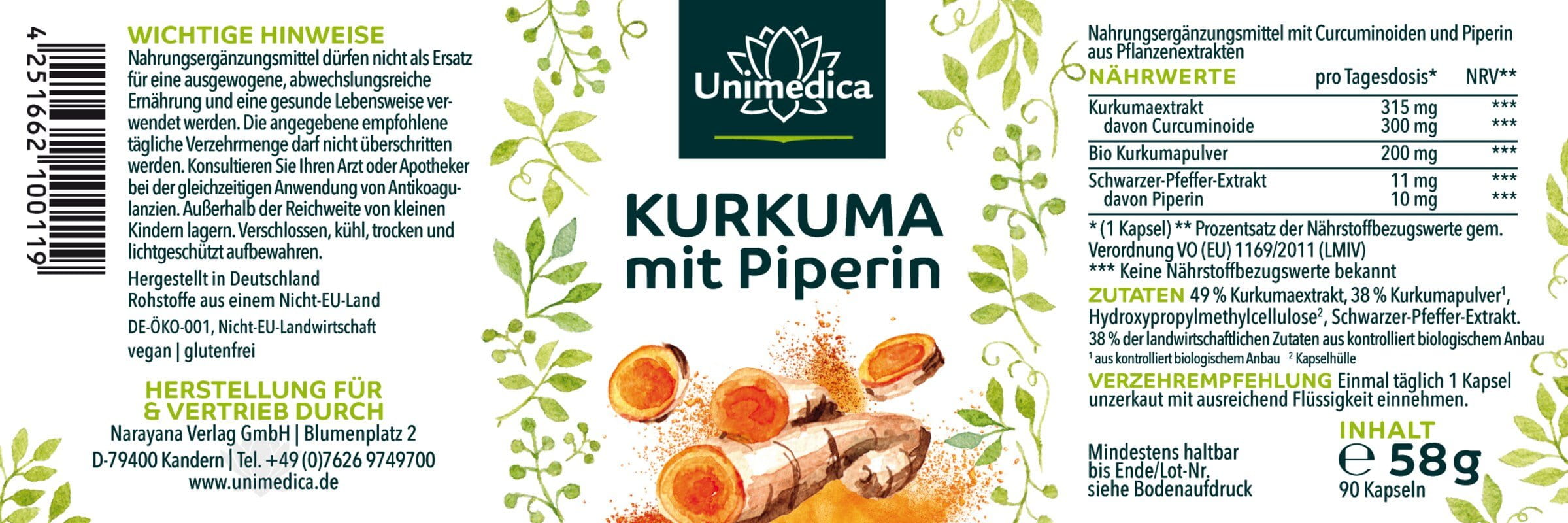 Kurkuma mit Piperin - 300 mg Curcuminoide und 10 mg Piperin pro Tagesdosis (1 Kapsel) - 90 Kapseln - von Unimedica