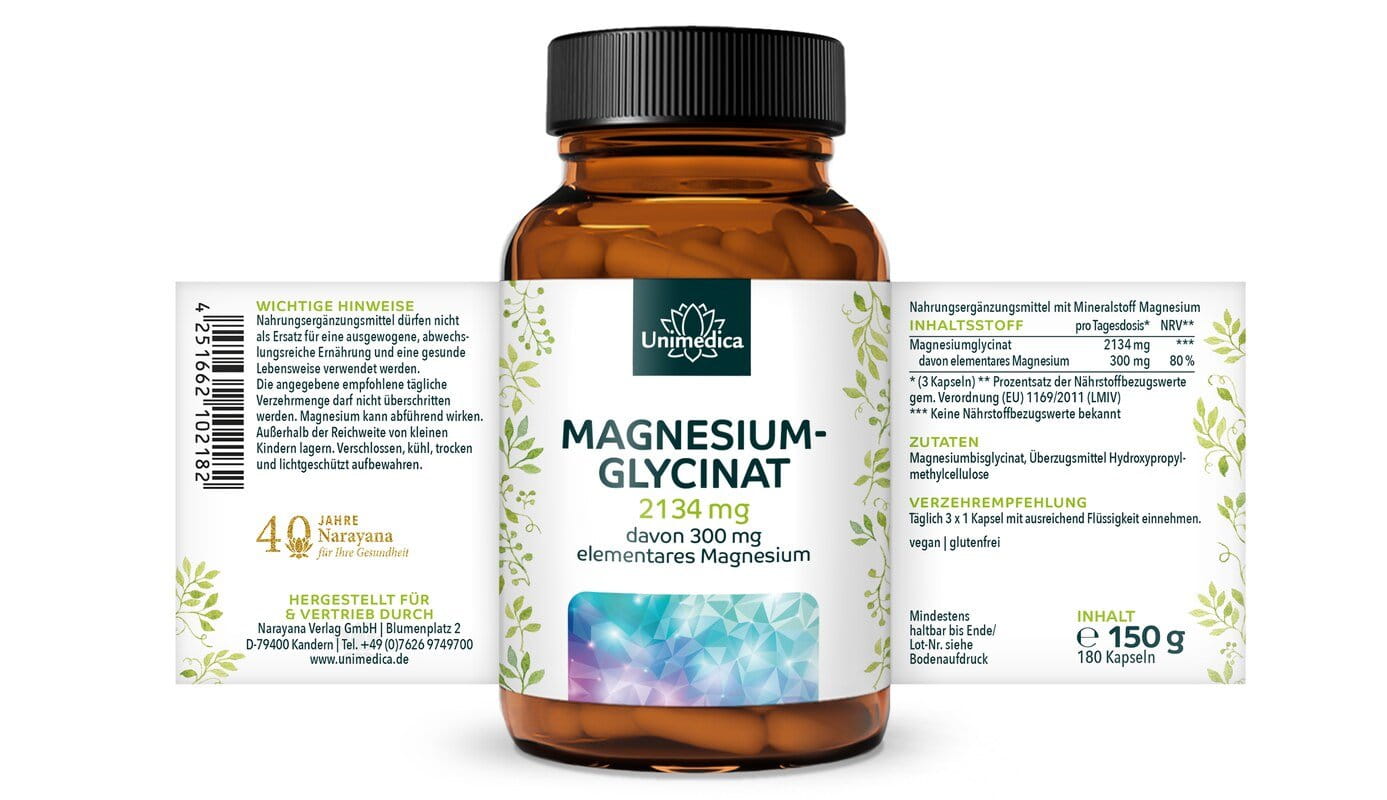 Magnesium Glycinat - 300 mg elementares Magnesium pro Tagesdosis (3 Kapseln) - 180 Kapseln - von Unimedica