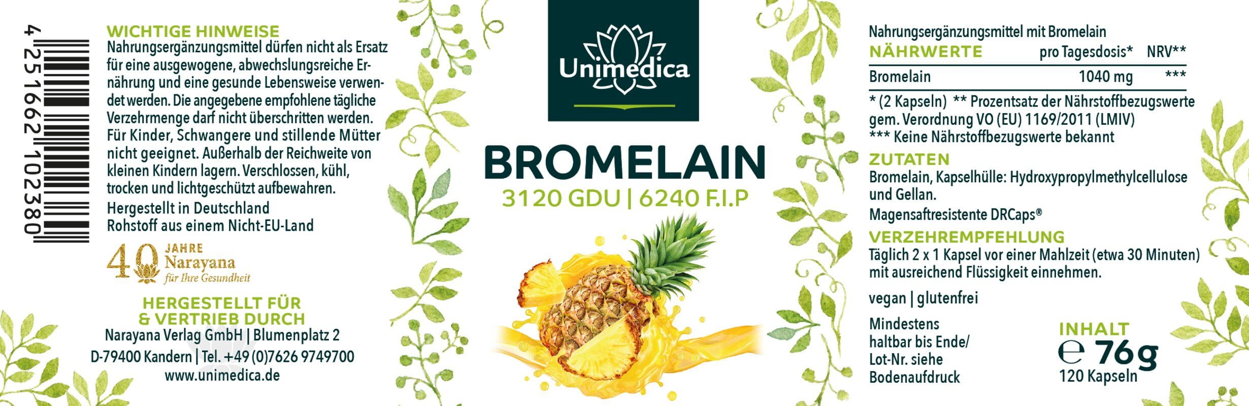 Bromelaïne - 1040 mg et 3.120 UDG | 6.240 F.I.P. par dose journalière (2 gélules)  avec DR Caps entériques - 120 gélules - par Unimedica