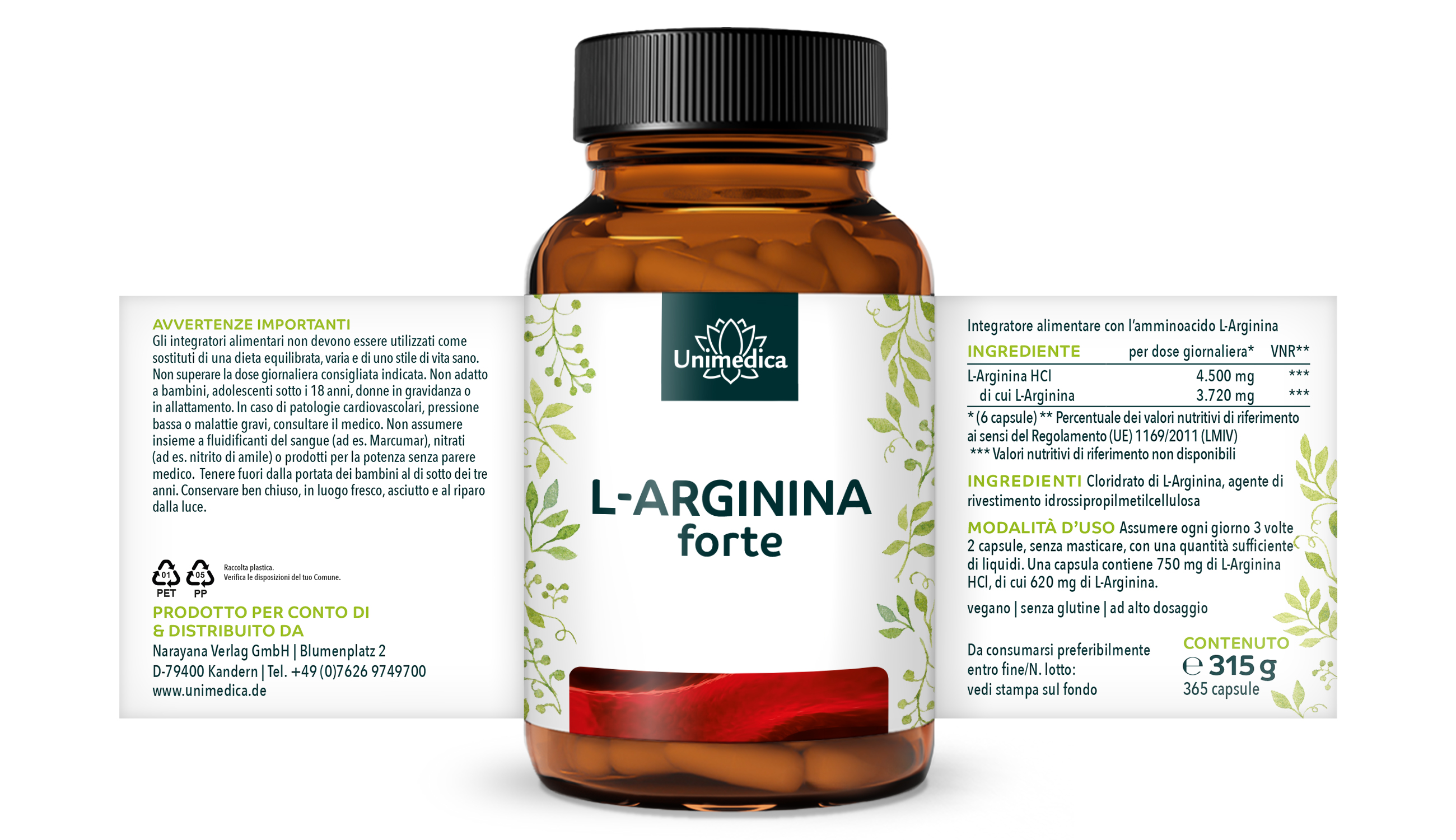 L-Arginina forte - 3.720 mg per dose giornaliera (6 capsule) - da fermentazione naturale - ad alta concentrazione - vegano - 365 capsule - di Unimedica