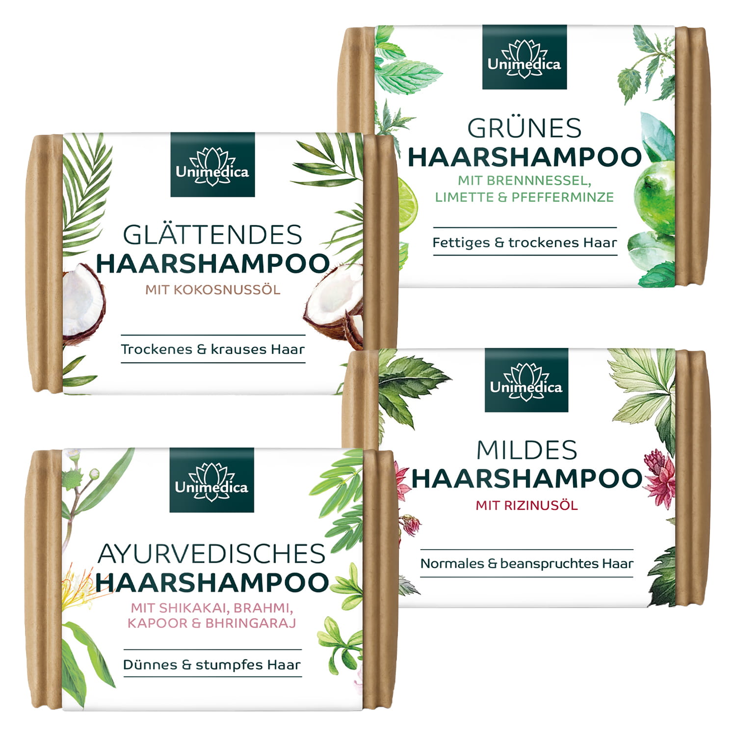 Set: Shampoo Soaps - ayurvedic, castor oil, coconut oil, green - 4 x 100 g - by Unimedica