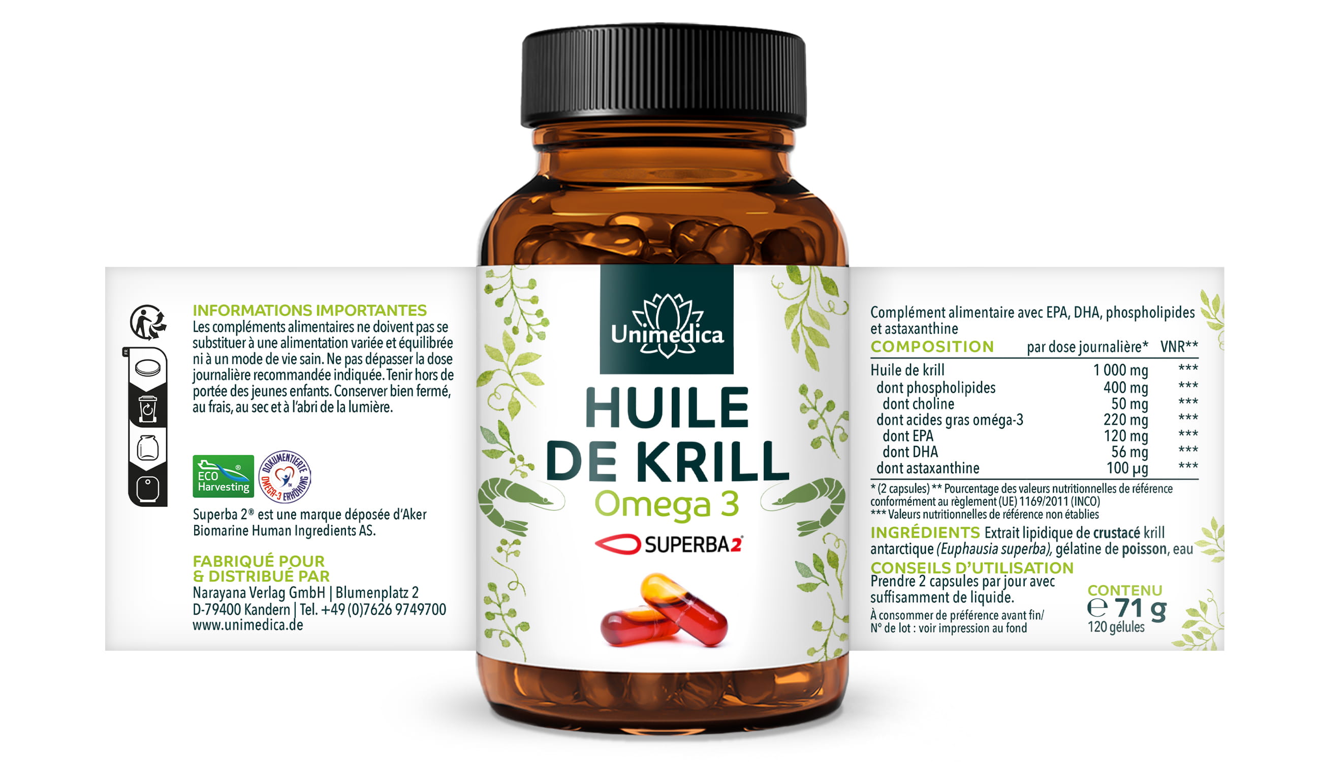 Huile de krill Superba 2™  riche en acides gras oméga-3 EPA + DHA  1 000 mg d'huile de krill par dose quotidienne (2 capsules) - 120 capsules de gel dur (Licaps®) - par Unimedica - offre exceptionnelle