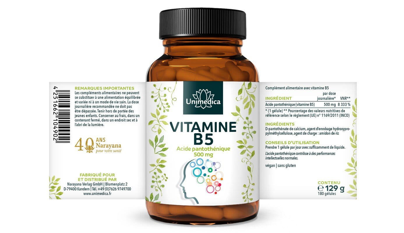 Vitamine B5  acide pantothénique - 500 mg par dose journalière (1 gélule)  hautement dosée - 180 gélules - par Unimedica