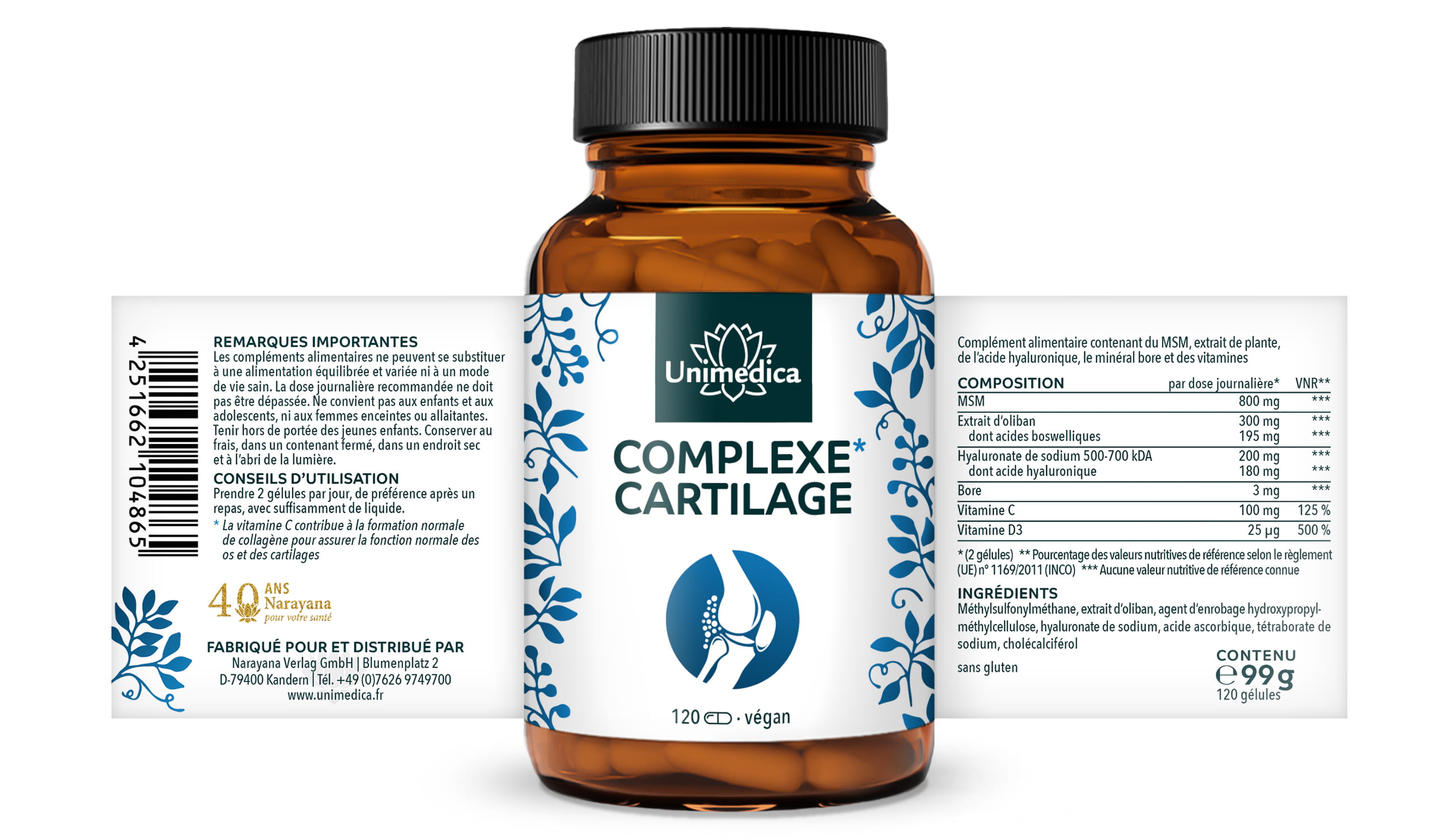 Complexe Cartilage - avec MSM + acide hyaluronique + vitamines + oliban - 120 gélules - par Unimedica