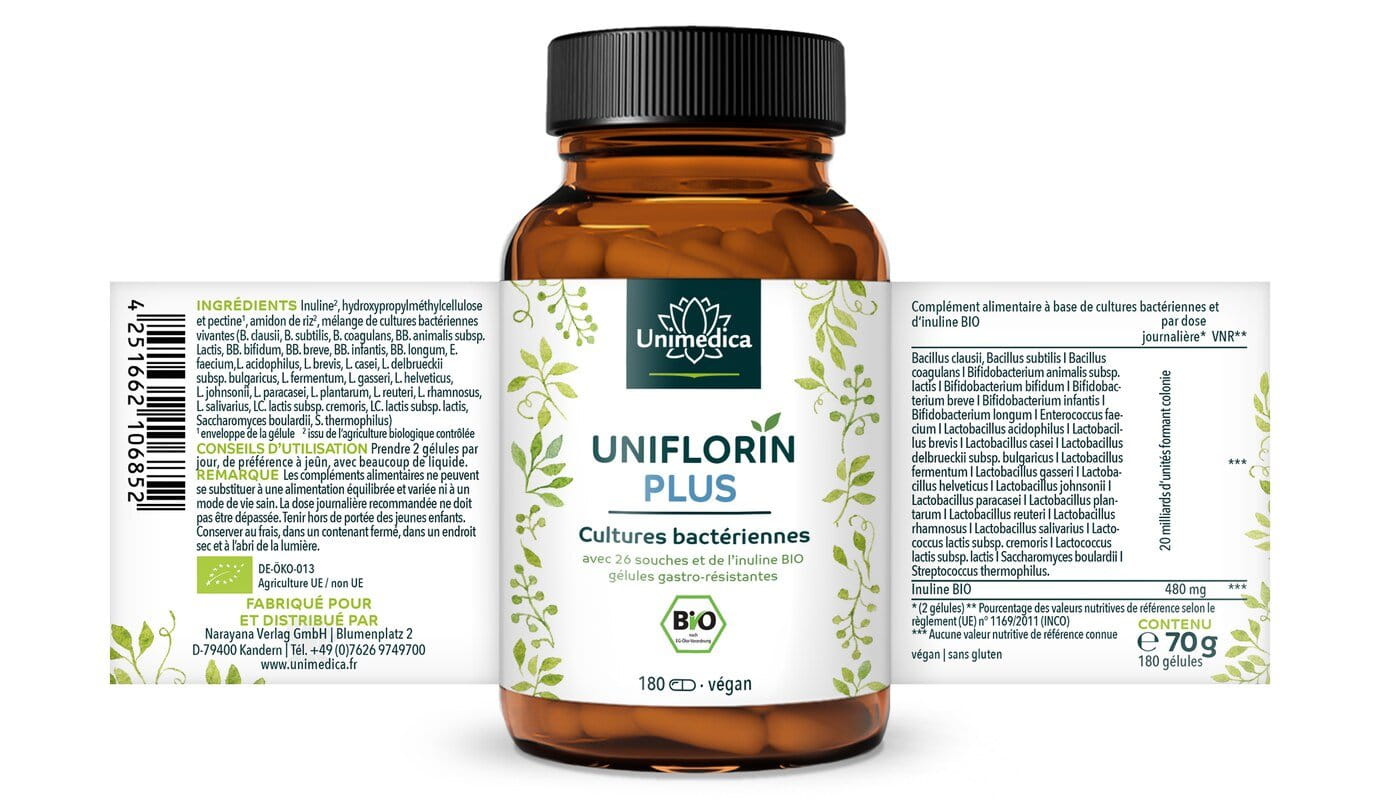 Uniflorin Plus avec complexe de cultures issues de 26 souches bactériennes et d'inuline BIO - 20 milliards d'UFC par dose journalière (2 gélules) - 180 gélules entériques - par Unimedica