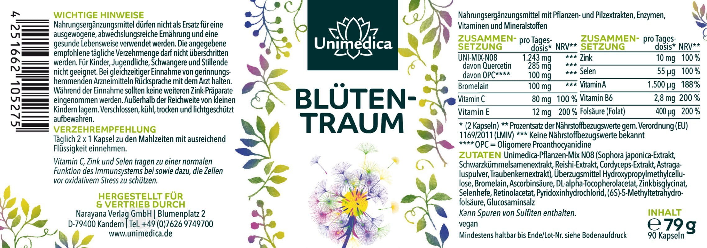Blütentraum - Komplex mit Quercetin, Schwarzkümmelsamen-Extrakt, Kurkuma, Zink und Vitaminen - 90 Kapseln - von Unimedica