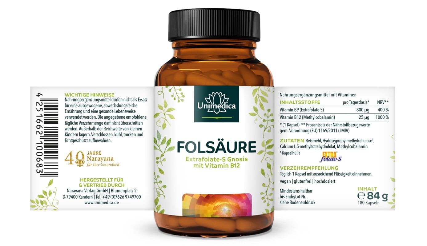 2er-Sparset: Folsäure mit Extrafolate S von Gnosis und Vitamin B12 - 800µg Folsäure und 25 µg Vitamin B12 - 2 x 180 Kapseln - von Unimedica