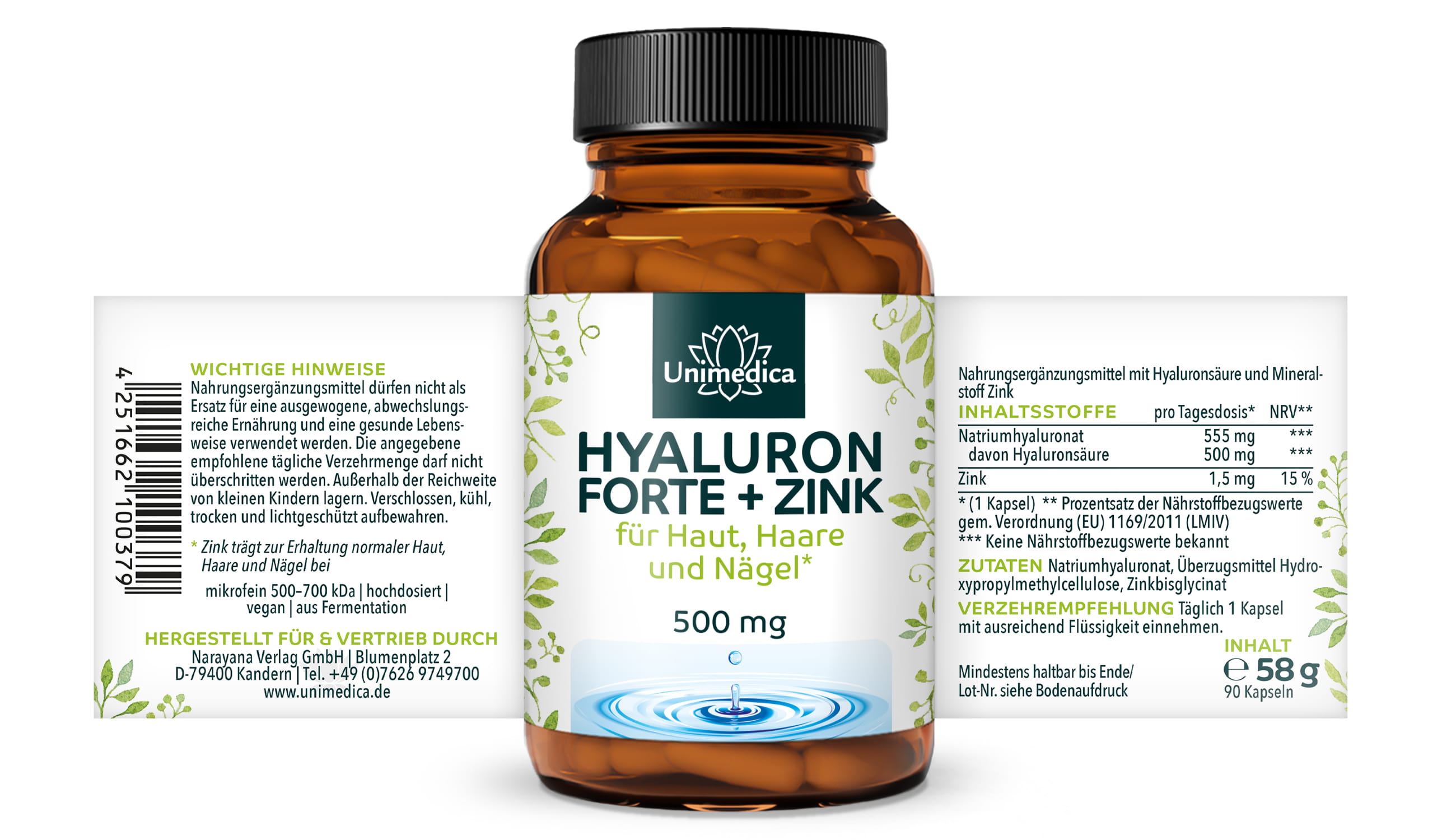 Hyaluron forte - mit Zink für Haut, Haare und Nägel* - 500 mg Hyaluron pro Tagesdosis (1 Kapsel) - hochdosiert - 90 Kapseln - von Unimedica