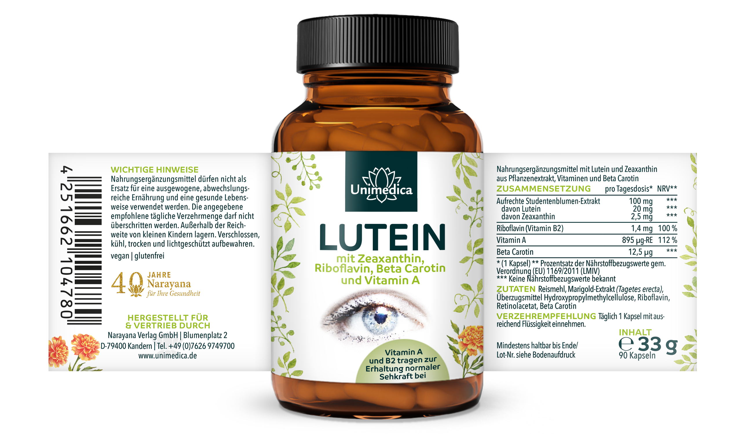 2er-Sparset: Lutein - mit Zeaxanthin + Vitamin B2 + Beta Carotin + Vitamin A - 2 x 90 Kapseln - von Unimedica