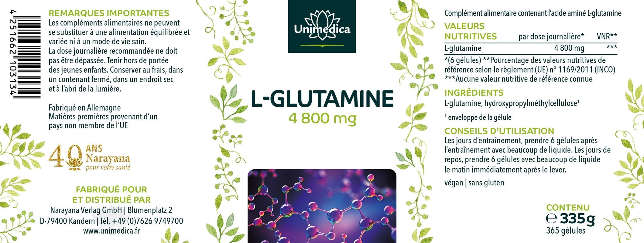 L-glutamine  acide aminé semi-essentiel - 365 gélules - par Unimedica