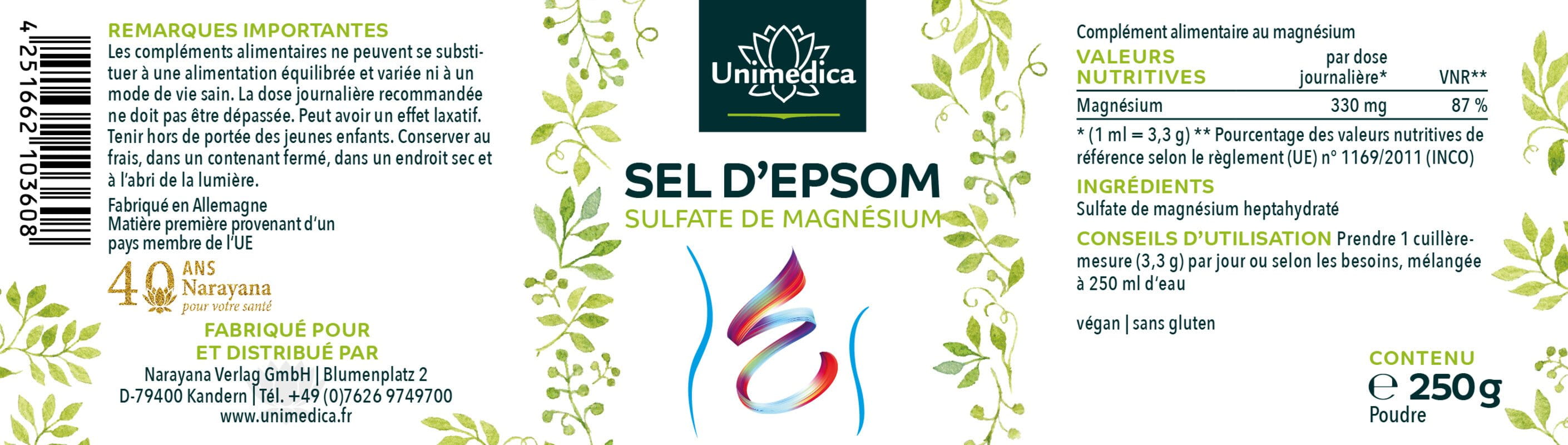 Sel d'Epsom - Sulfate de magnésium 330 mg - 250 g - par Unimedica