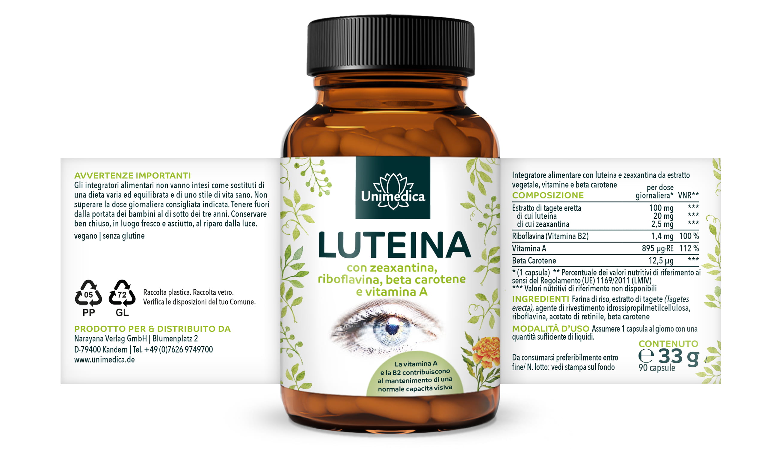 Luteina - con zeaxantina + vitamina B2 + beta-carotene + vitamina A - 90 capsule - di Unimedica