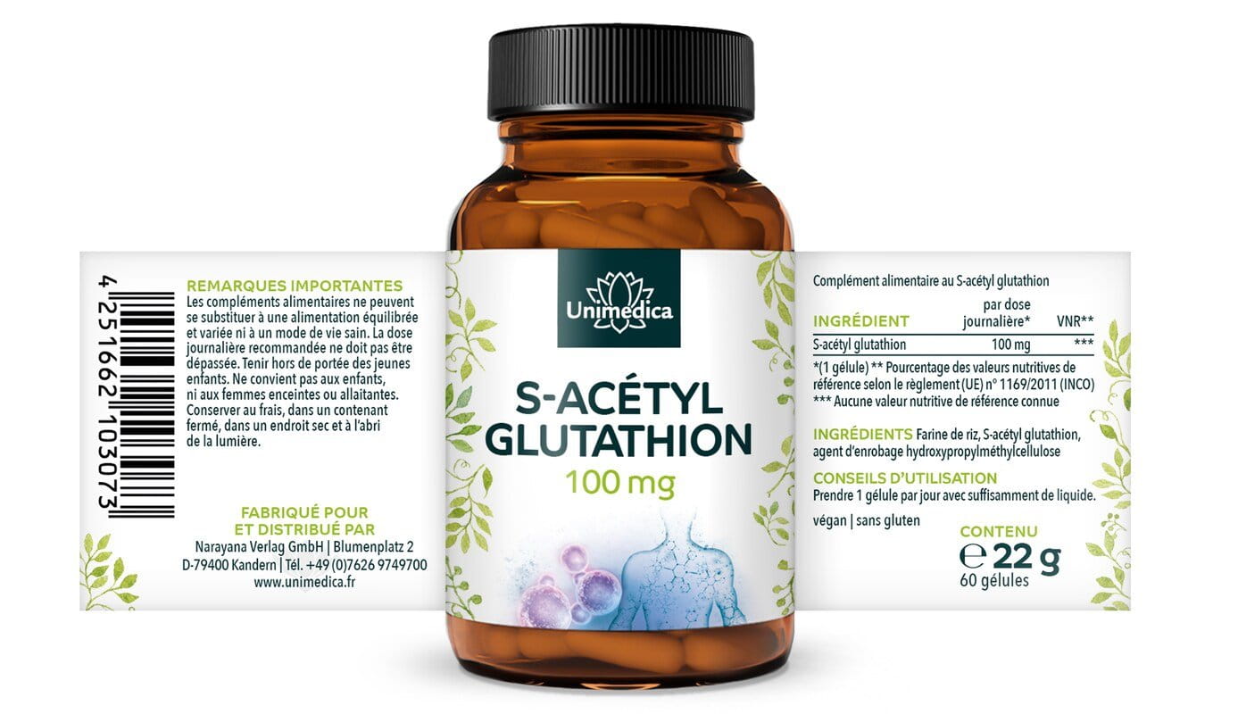 S-acétyl glutathion - forme stable de glutathion - 100 mg par dose journalière (1 capsule)  60 gélules - par Unimedica