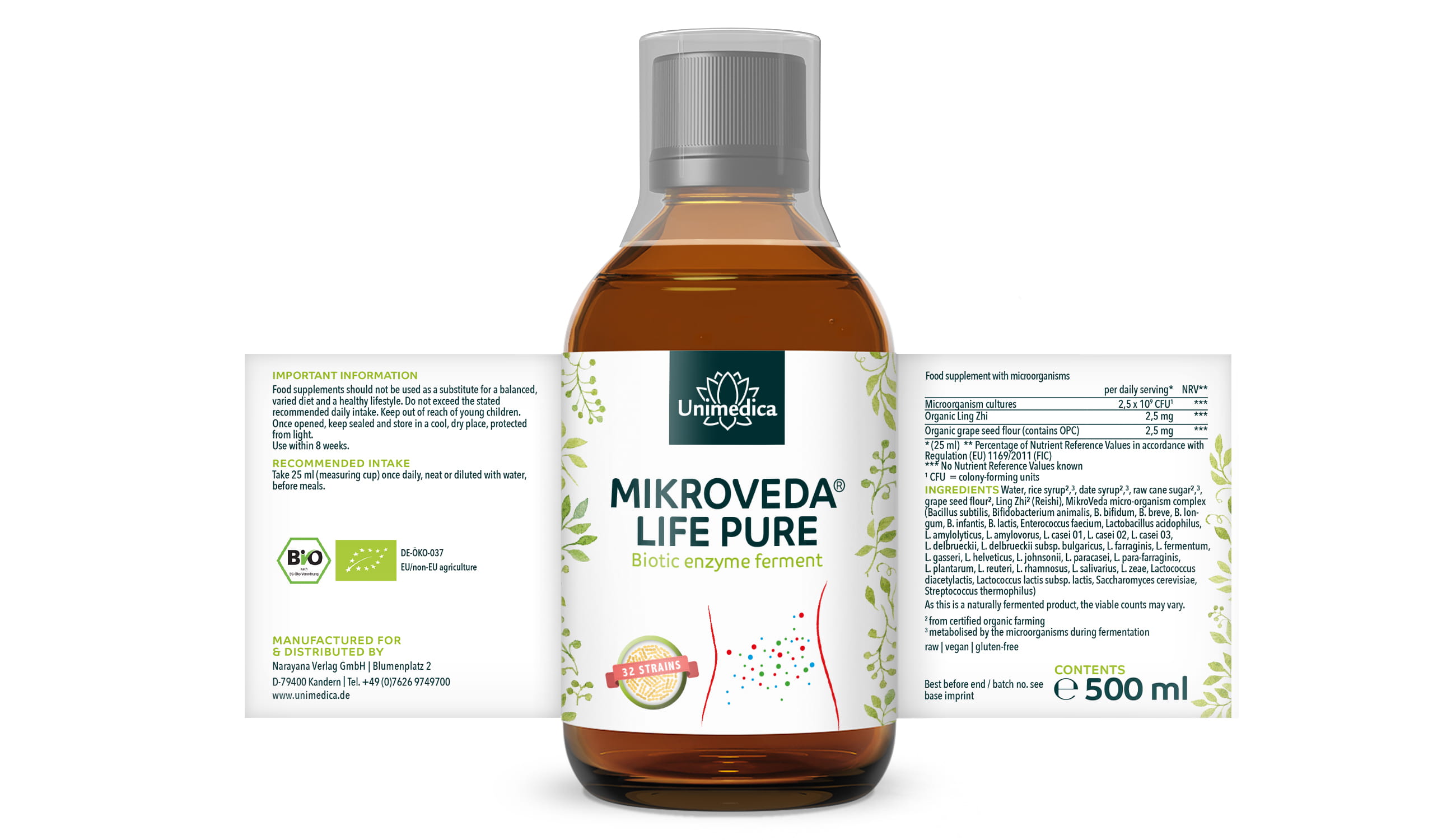 MikroVeda (R) Life Pure - Biotic enzyme ferment - Organic quality - 32 bacterial strains - Live microbial complex - Naturally symbiotised - 500 ml