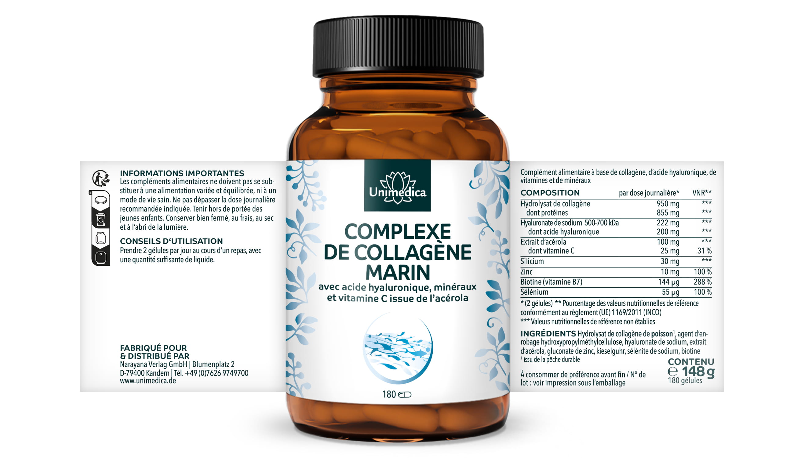 Complexe collagène marin - avec hyaluron, vitamines et minéraux - 180 gélules - par Unimedica