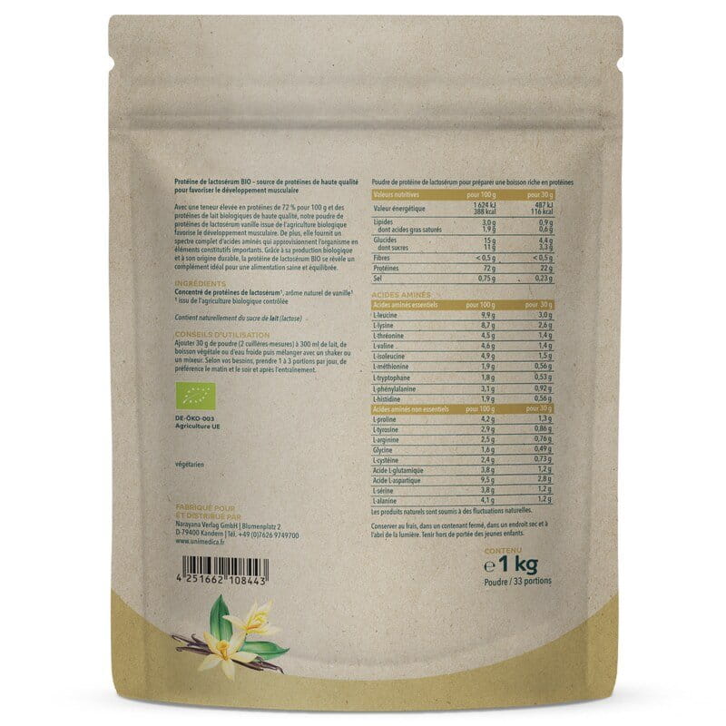 Protéine de lactosérum BIO - vanille  72 % de protéines - 1 kg - par Unimedica