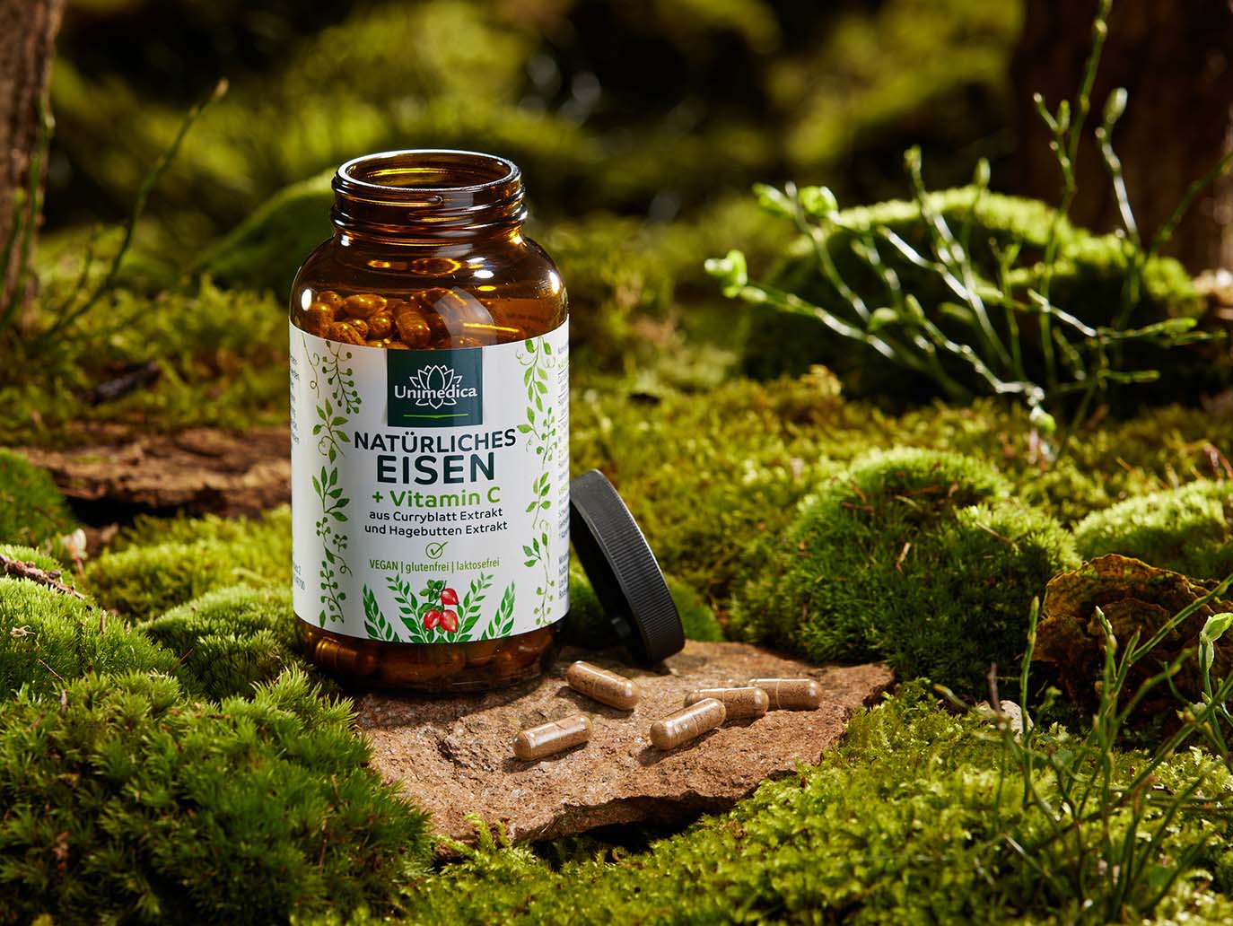 Natürliches Eisen aus Curryblatt Extrakt + Vitamin C aus Hagebutten Extrakt - 28 mg Eisen + 160 mg Vitamin C pro Tagesdosis (2 Kapseln) - 180 Kapseln - von Unimedica