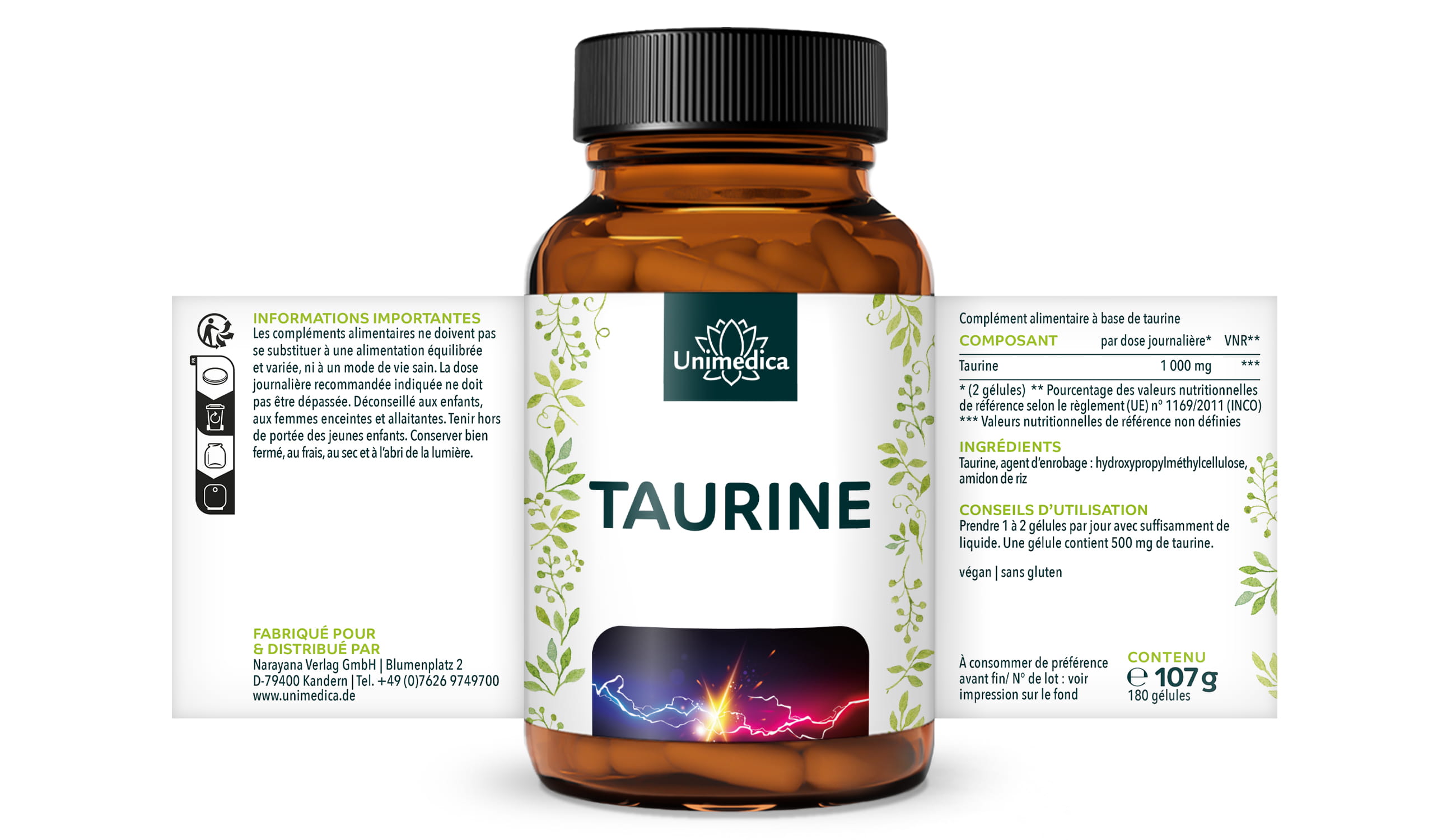 Taurine - 1000 mg par dose journalière (2 gélules) - 120 gélules - par Unimedica