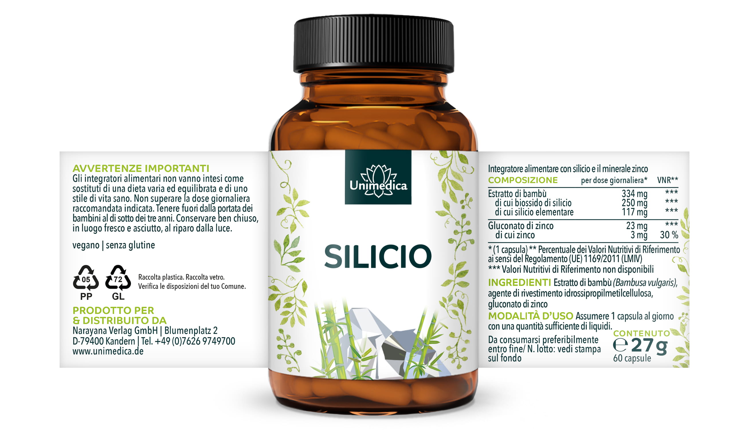 Silicio da estratto di bambù con zinco - 250 mg di silicio per dose giornaliera (1 capsula) - 60 capsule - di Unimedica