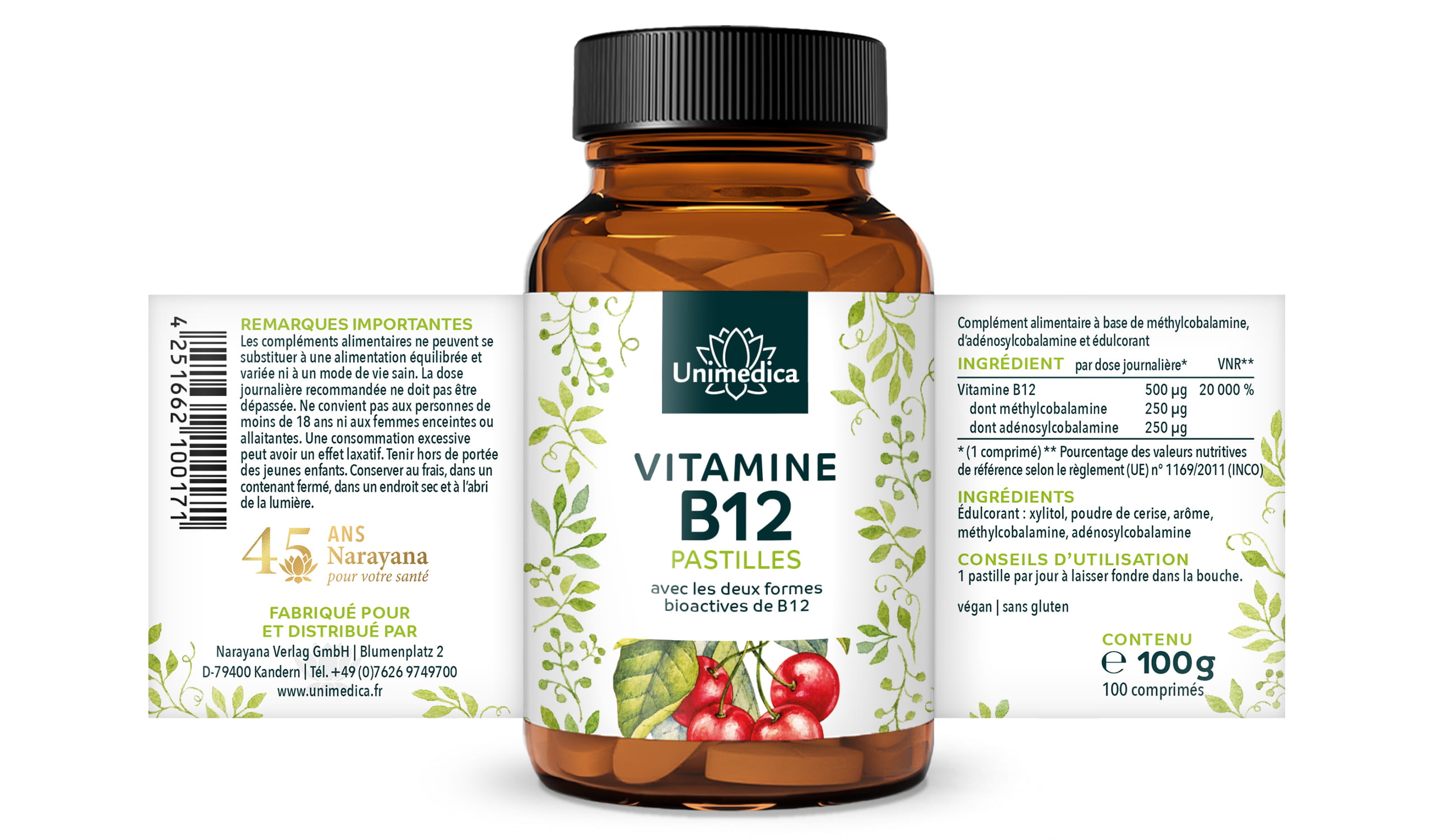 Pastilles de vitamine B12 - 100 comprimés à sucer - par dose journalière - Unimedica