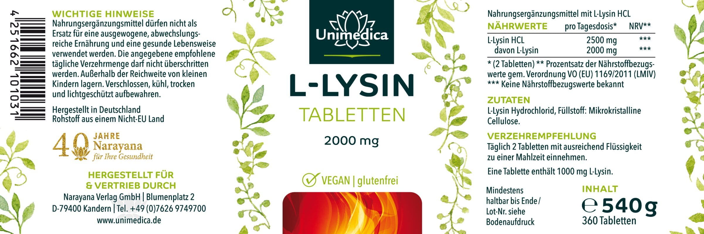 L-Lysin HCl - 2.000 mg pro Tagesdosis (2 Tabletten) - 360 Tabletten - von Unimedica