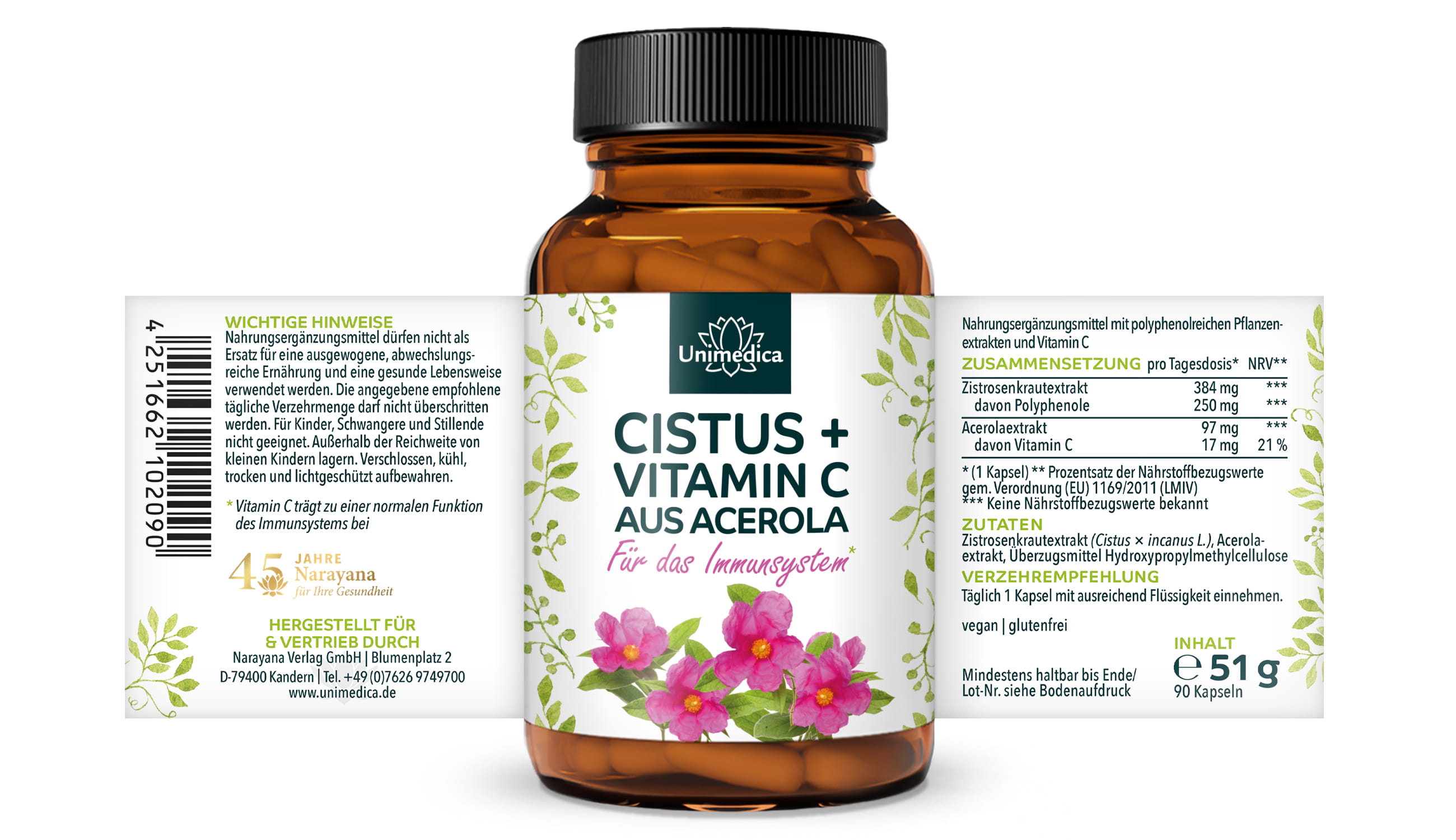 2er-Sparset: Cistus + Vitamin C aus Acerola - 384 mg Cistus pro Tagesdosis (1 Kapsel) - 2 x 90 Kapseln - von Unimedica
