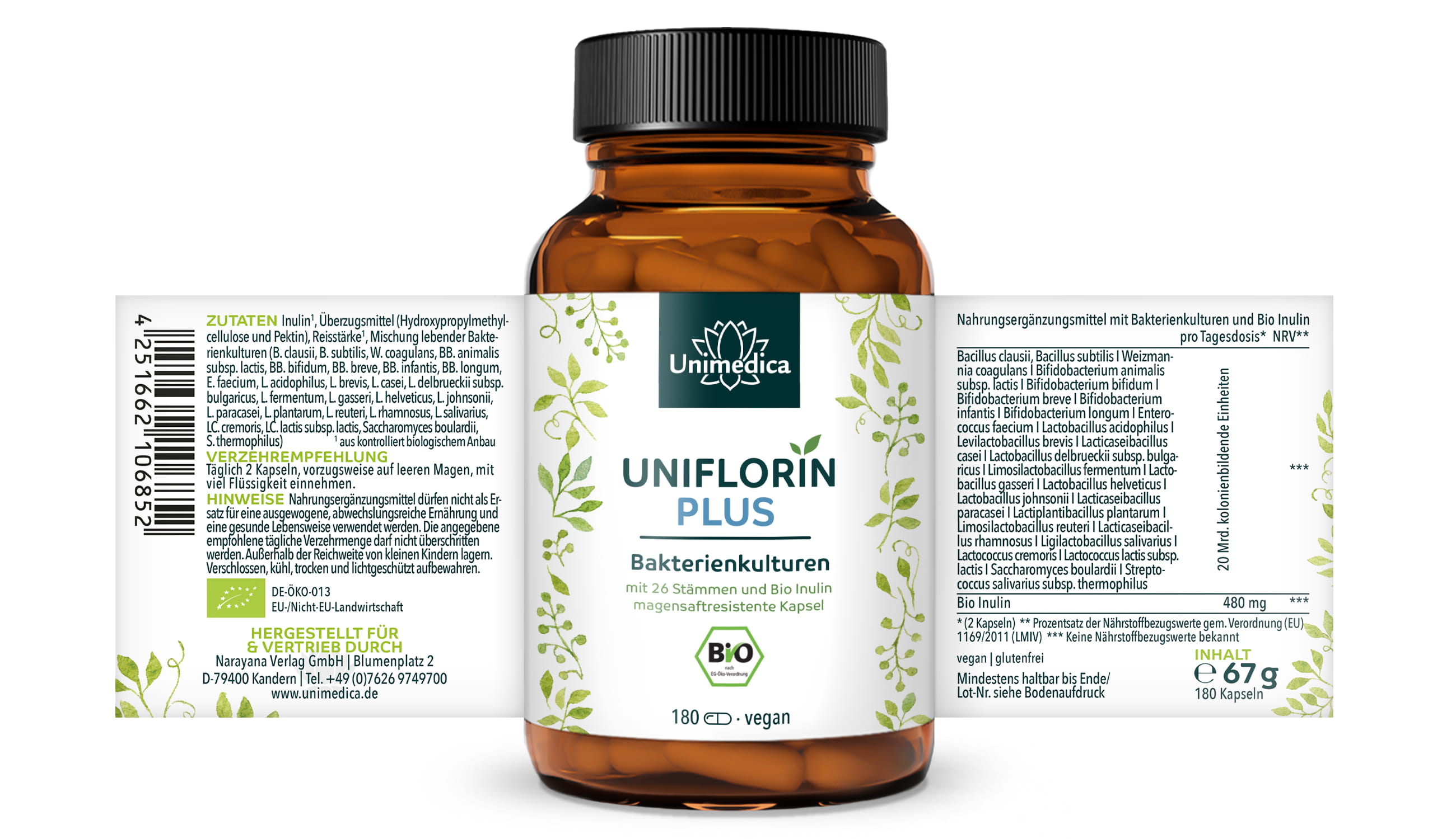 Uniflorin Plus mit Kulturen Komplex aus 26 Bakterienstämmen und Bio Inulin - 20 Mrd. KBE pro Tagesdosis (2 Kapseln) - 180 magensaftresistente Kapseln - von Unimedica