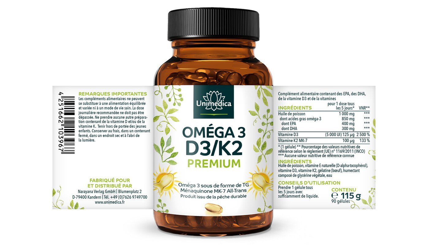 Vitamines D3 + K2 + Oméga 3 - Premium  produit issu de la pêche durable - 90 gélules - par Unimedica