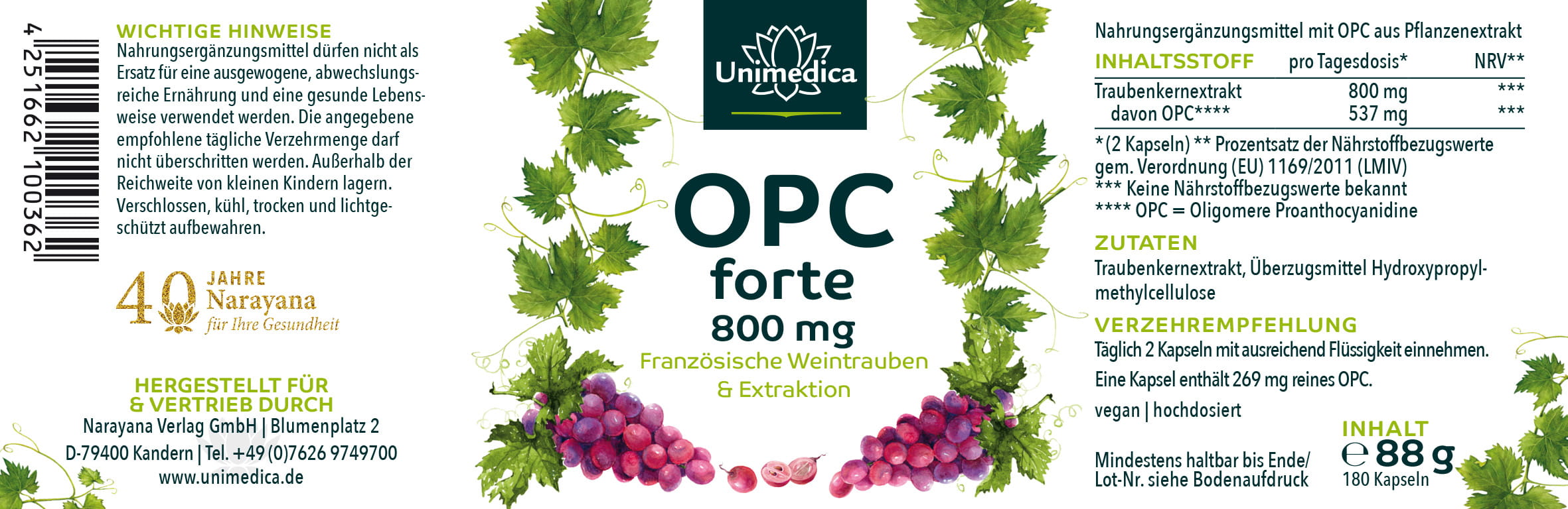 Set: OPC Forte - 800 mg grape seed extract - 180 capsules AND Magnesium forte - 400 mg - 365 capsules AND Vitamin D3 / K2 MK7 All-trans 50 ml - by Unimedica