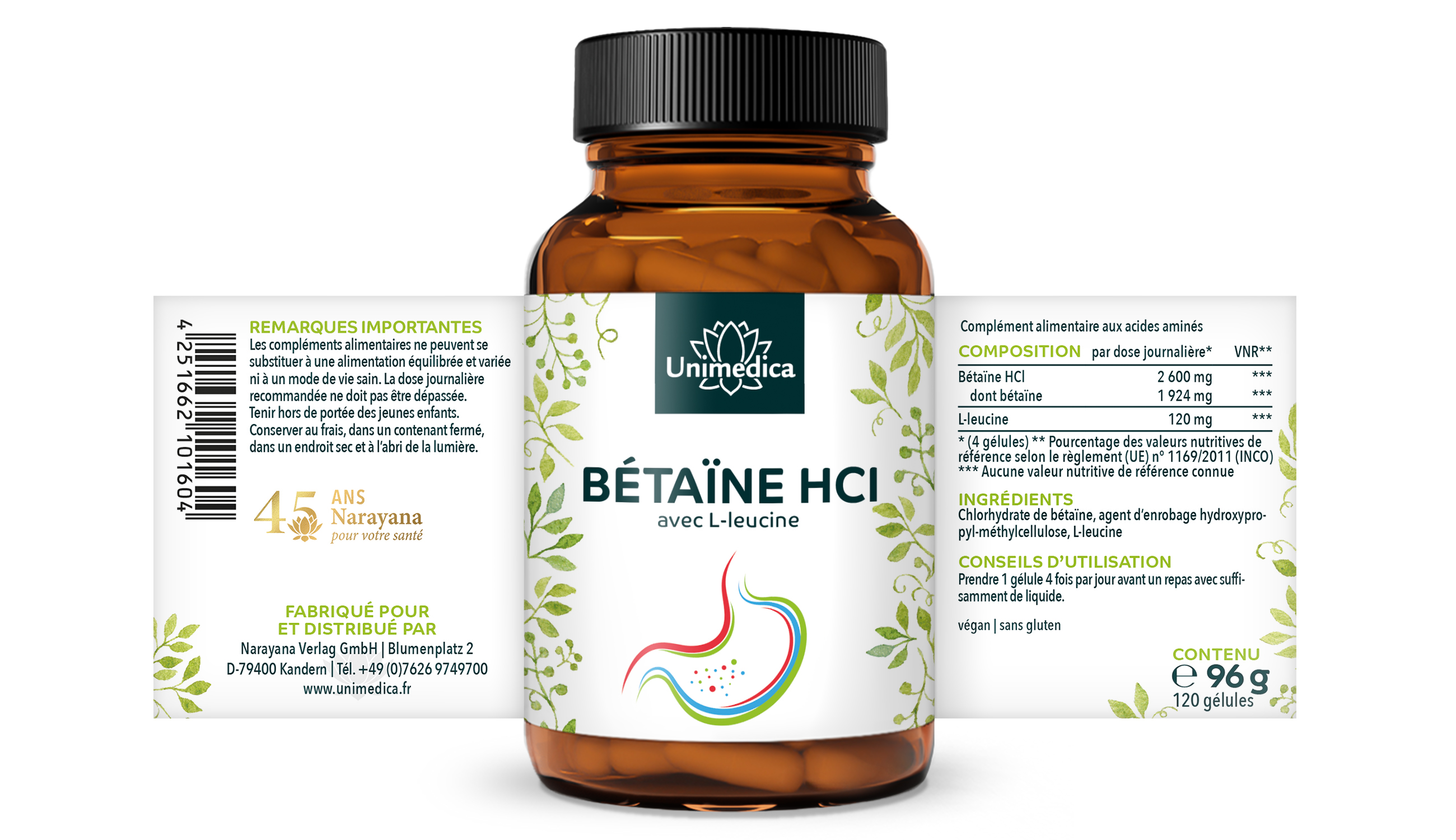 Lot de 2: Bétaïne HCl avec L-leucine - 650 mg - 2 x 120 gélules - Unimedica