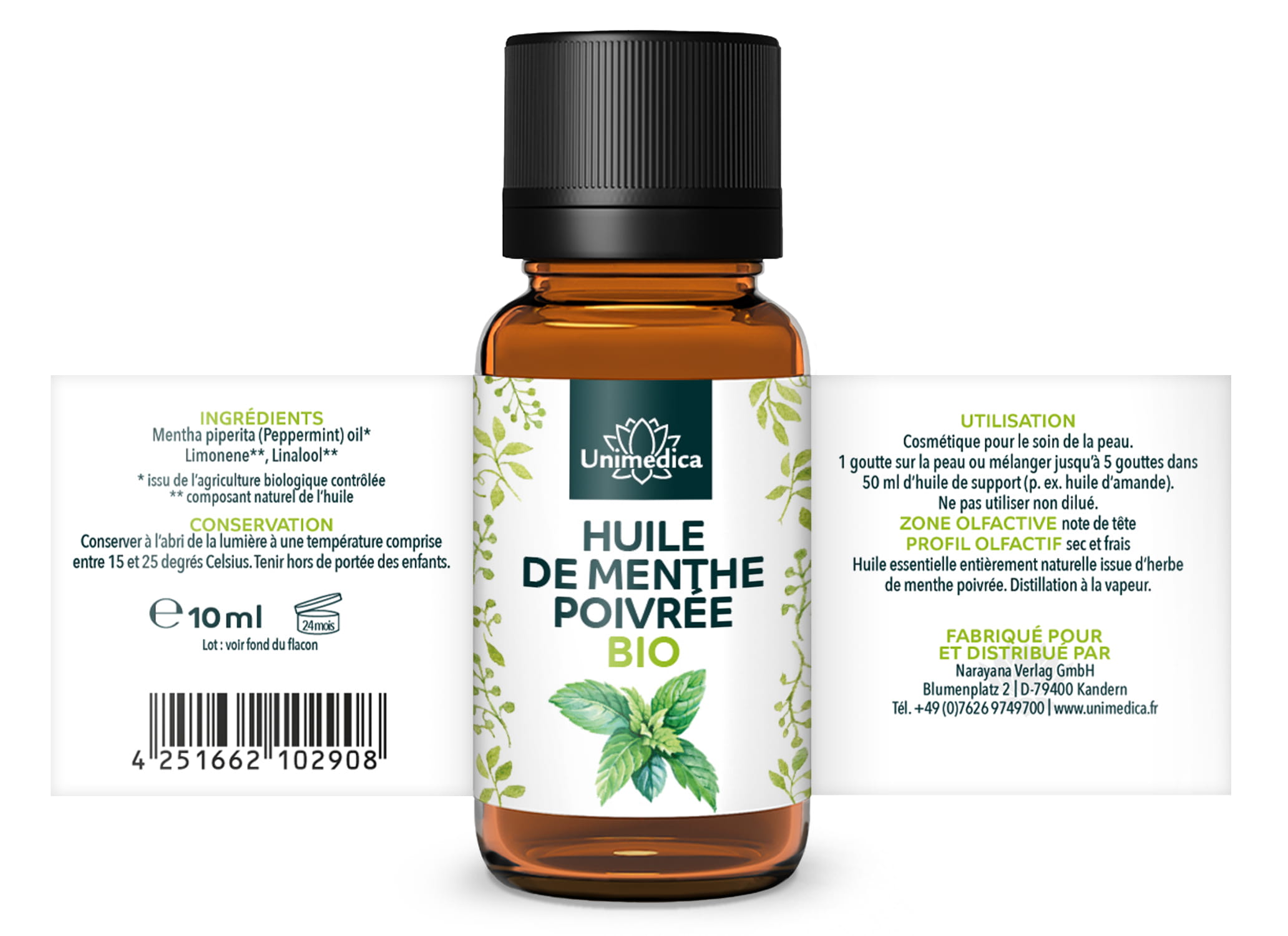 Menthe poivrée BIO - huile essentielle naturelle - 10 ml - par Unimedica