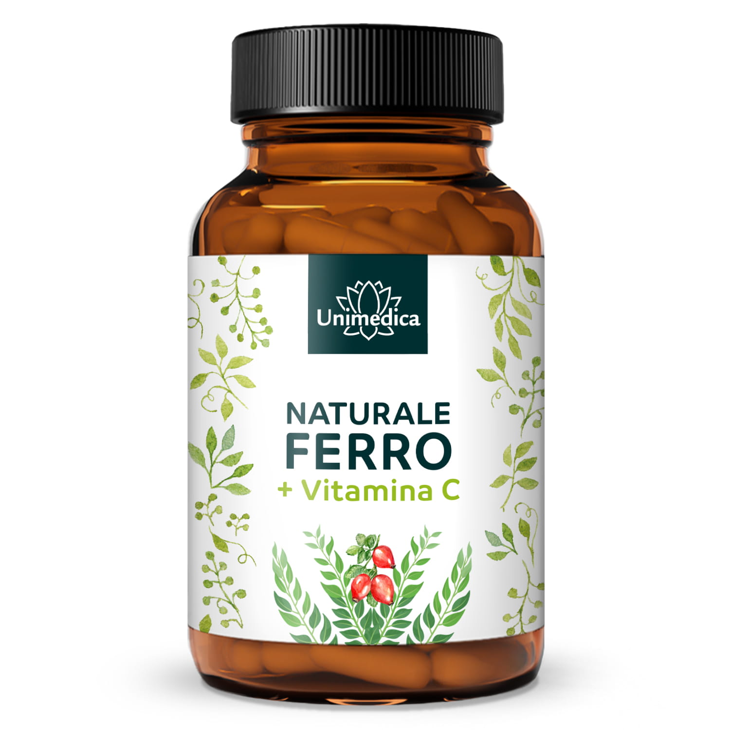 Ferro naturale da estratto di foglie di curry + vitamina C da estratto di rosa canina - 28 mg di ferro + 160 mg di vitamina C per dose giornaliera (2 capsule) - 180 capsule - di Unimedica