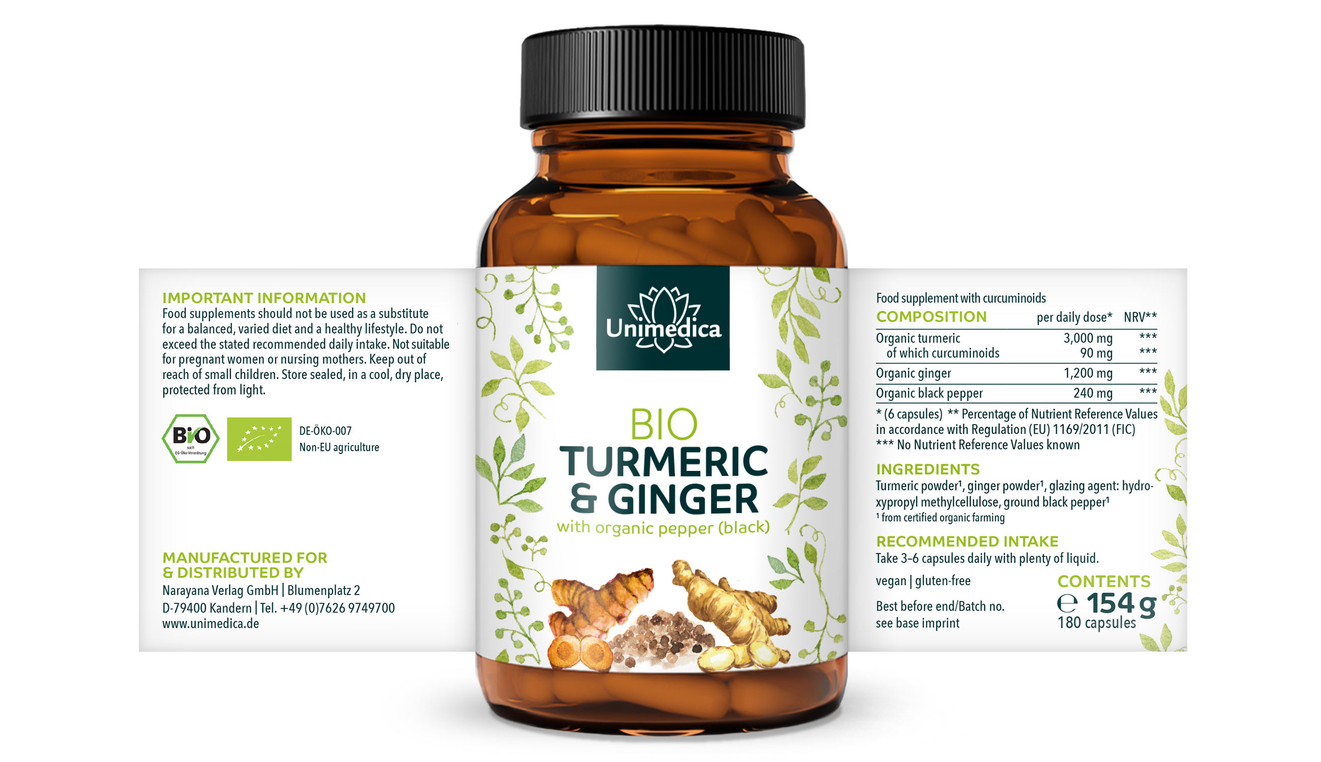 Organic Turmeric & Ginger with Organic Black Pepper - 180 Capsules - by Unimedica
