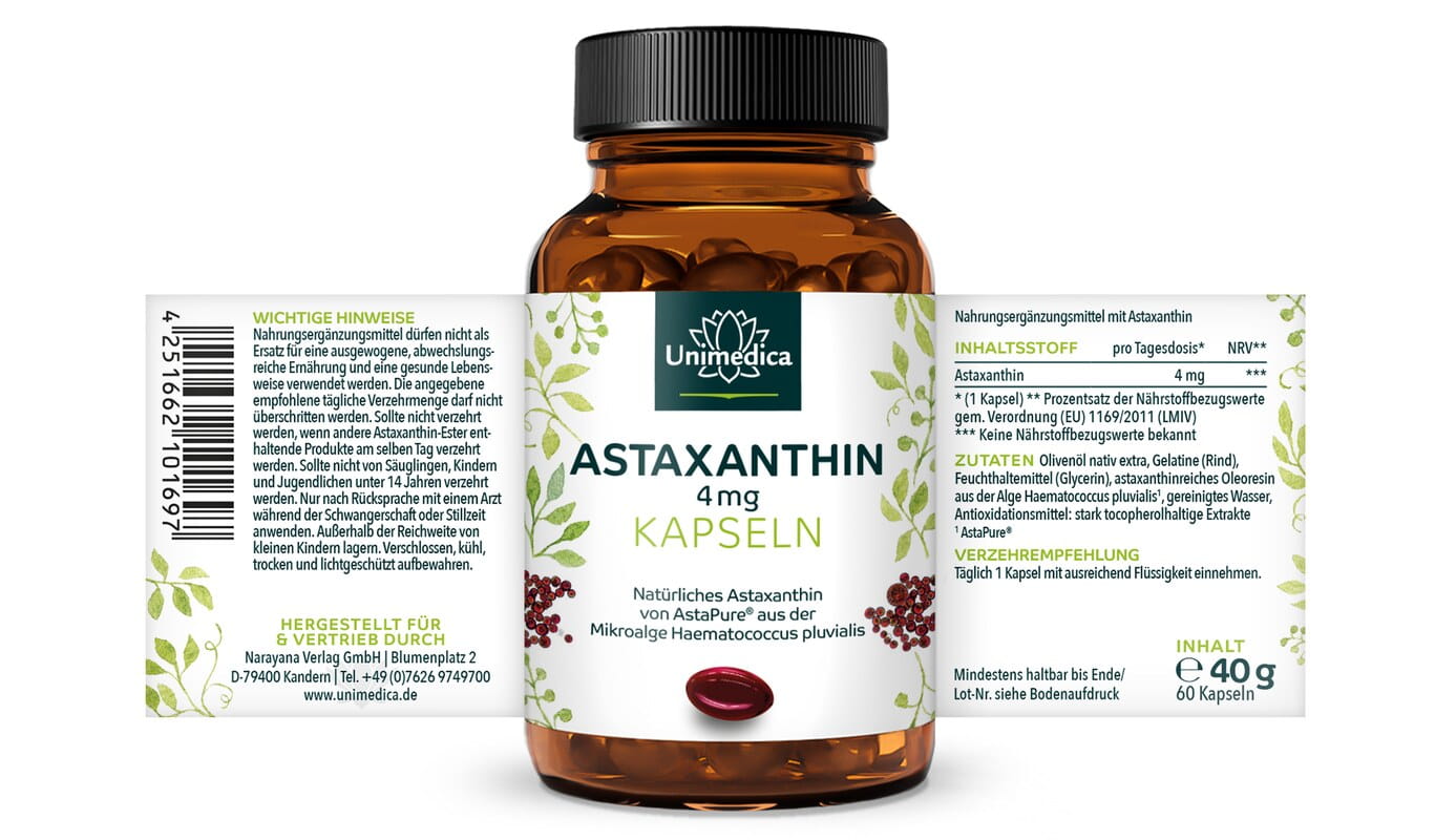 2er-Sparset: Astaxanthin - AstaPure® - 4 mg pro Tagesdosis (1 Kapsel) - 2 x 60 Softgelkapseln - von Unimedica