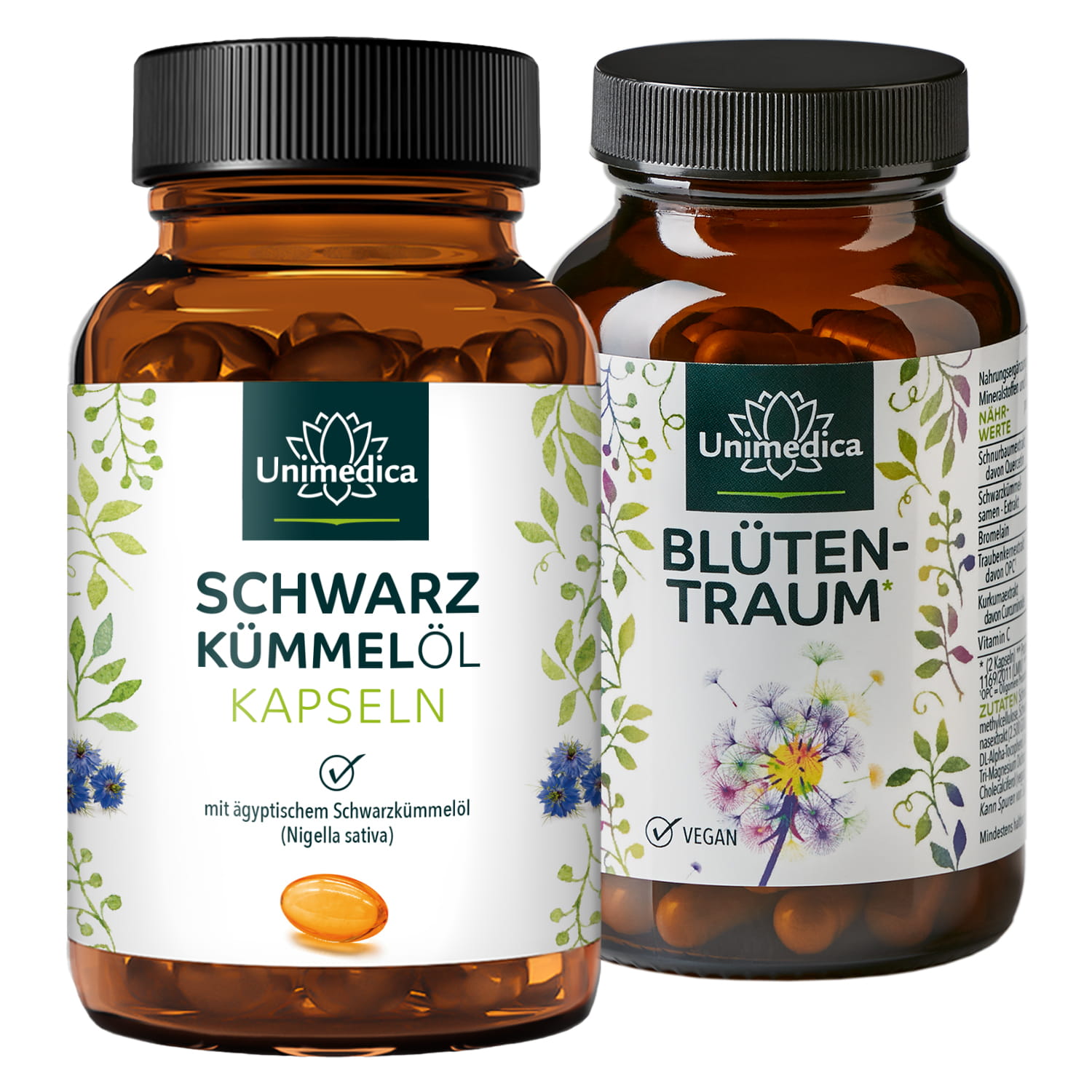 Set: Blütentraum + Schwarzkümmelöl - 90 Kapseln + 400 Softgelkapseln - von Unimedica