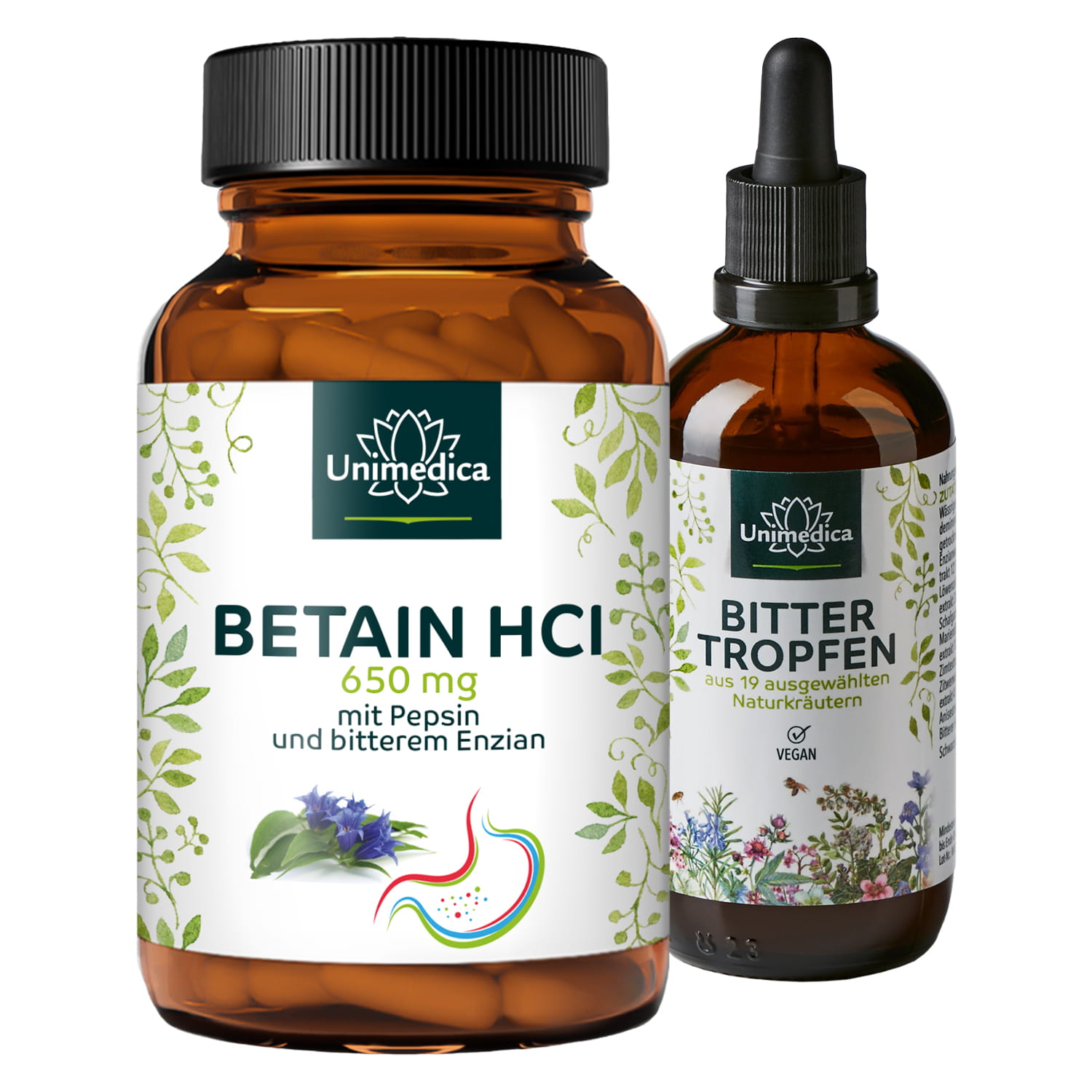 Set: Betain HCl + Bittertropfen - 120 Kapseln + 100 ml - von Unimedica