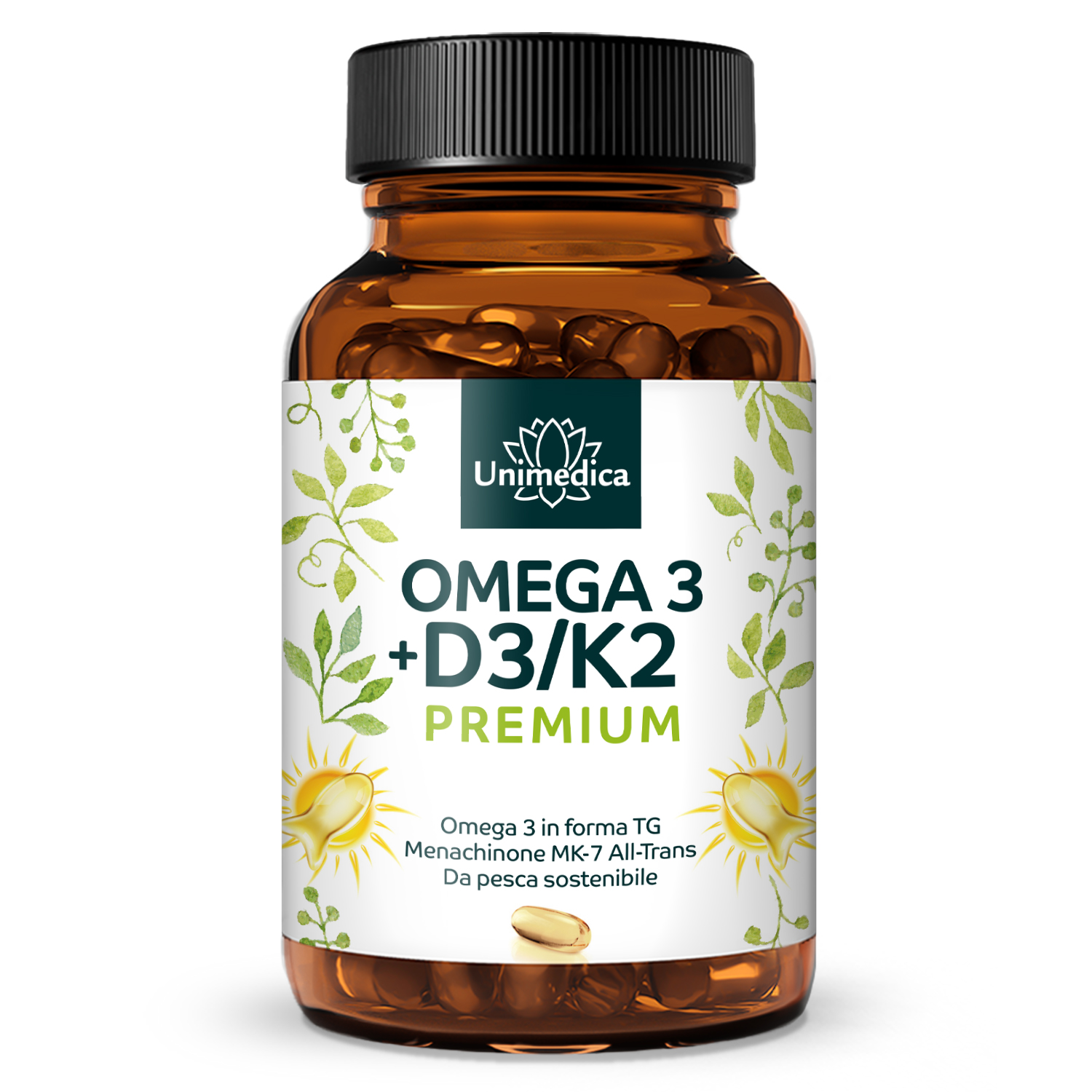 Vitamina D3 + K2 MK7 all-trans + Omega-3 - Premium - da pesca sostenibile - 90 capsule softgel - di Unimedica