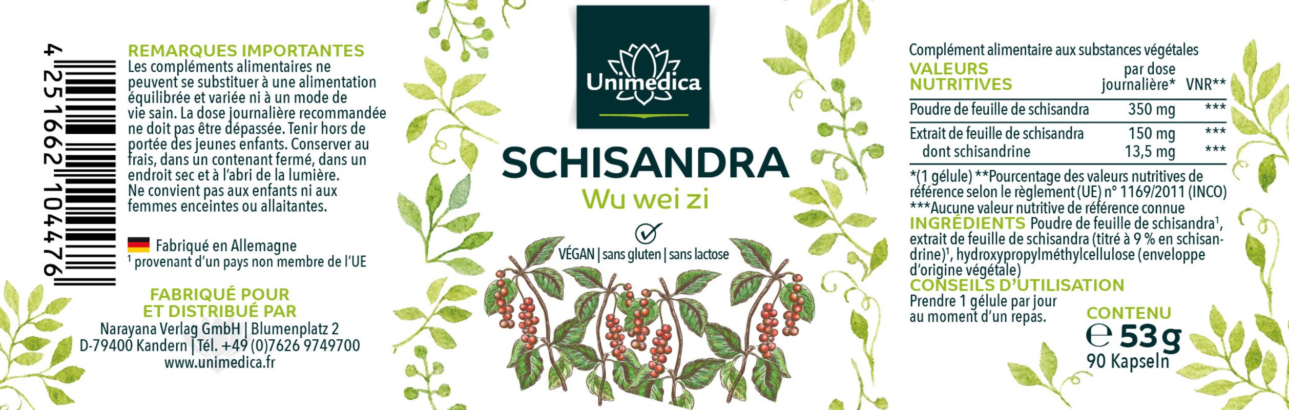 Schisandra - Blattextrakt mit 9 % Schisandrin - 150 mg pro Tagesdosis - 90 Kapseln - von Unimedica