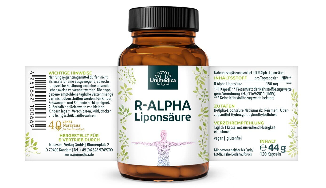 R-Alpha-Liponsäure - 150 mg pro Tagesdosis (1 Kapsel) - natürlich - vegan - 120 Kapseln - von Unimedica