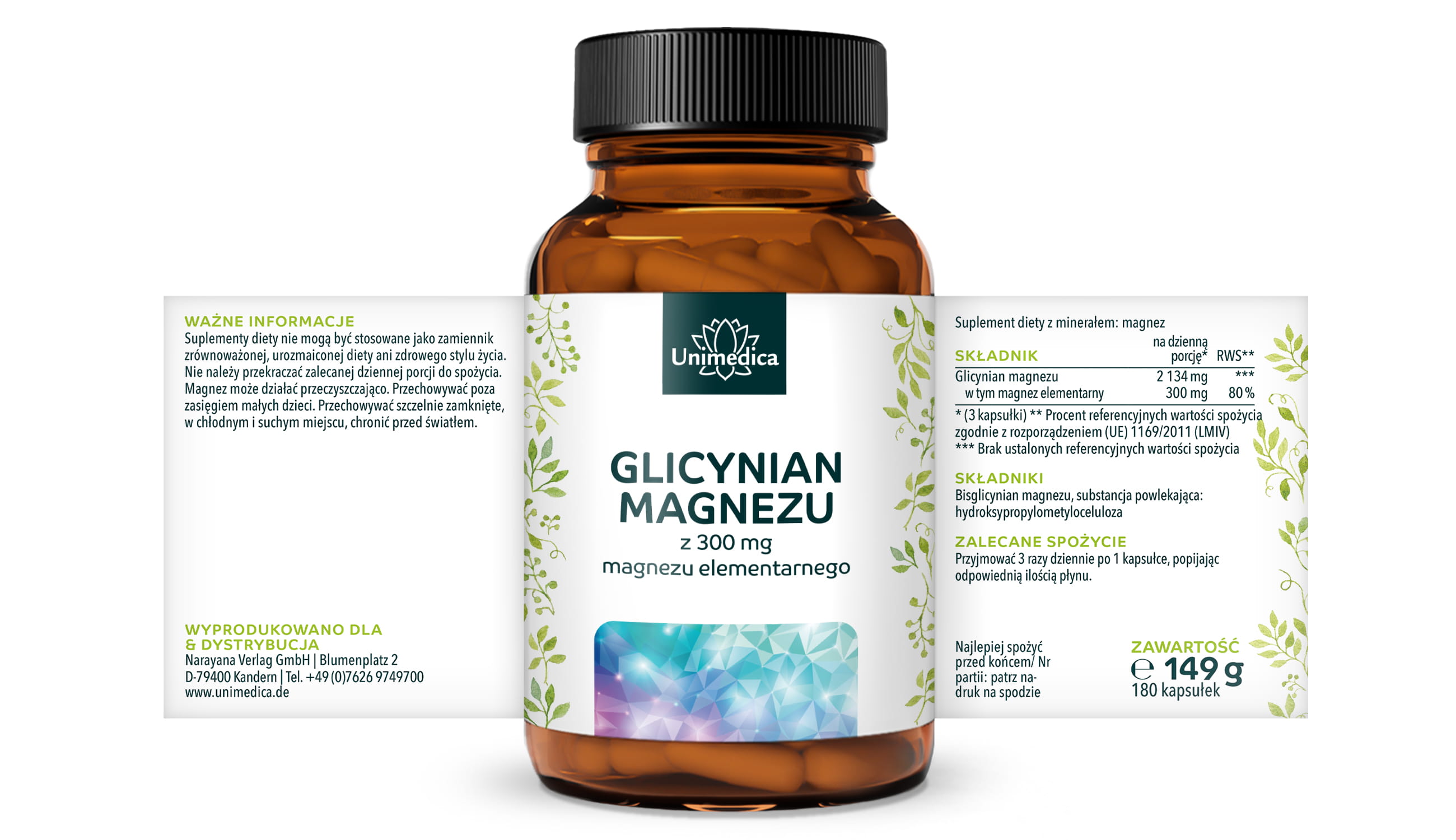 Glicynian magnezu - 300 mg magnezu elementarnego na dzienną dawkę (3 kapsułki) - 180 kapsułek - od Unimedica