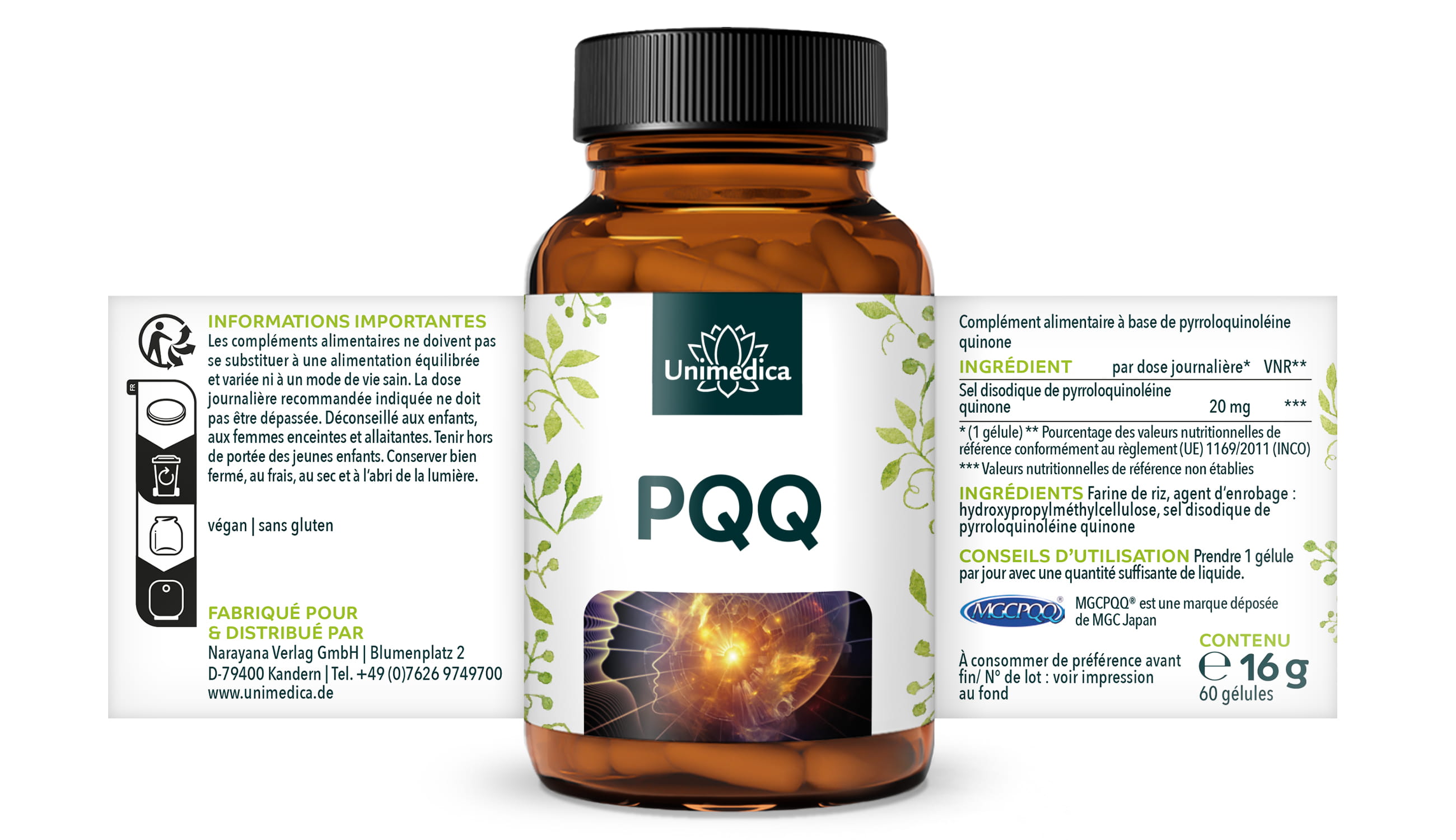 PQQ (MGCPQQ) pyrroloquinoline quinone - 20 mg par dose journalière (1 gélule) - 60 gélules - par Unimedica