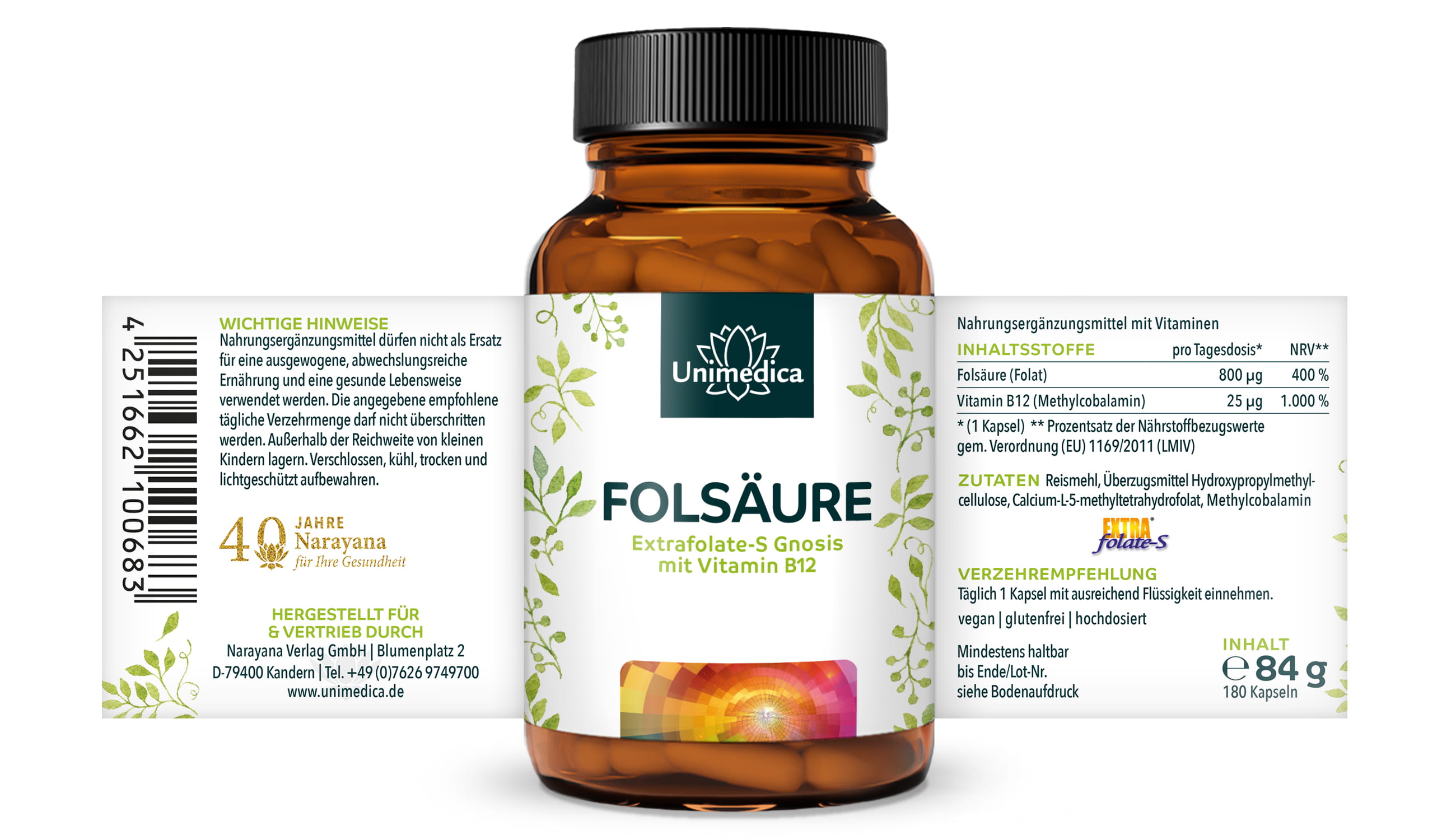 2er-Sparset: Folsäure mit Extrafolate S von Gnosis und Vitamin B12 - 800µg Folsäure und 25 µg Vitamin B12 - 2 x 180 Kapseln - von Unimedica